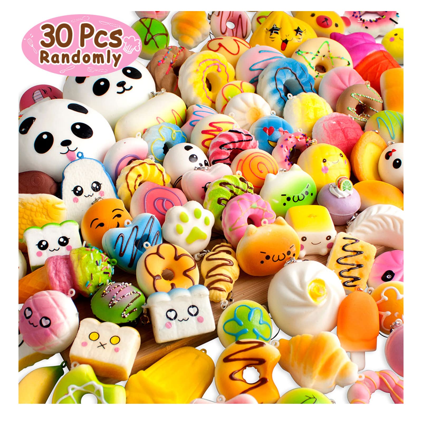 BUDI Upgraded 30Pcs Kawaii Squishies - Super Slow Rising Squeeze Fidget Toys for Stress Relief, Random Cute Animal Phone Straps - Perfect for Adults & Kids Birthday Favors, Treasure Box Fillers, Pinata Toys, and Pretend Play Scenarios