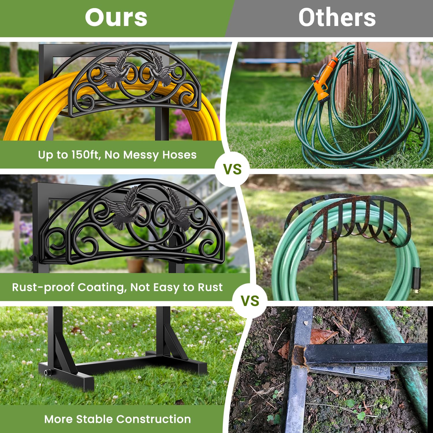 Freestanding Heavy Duty Metal Garden Hose Holder with 4 Spikes - Outdoor Water Hose Storage Organizer for 150ft Hoses - Perfect for Yard, Lawn & Garden Watering Accessories
