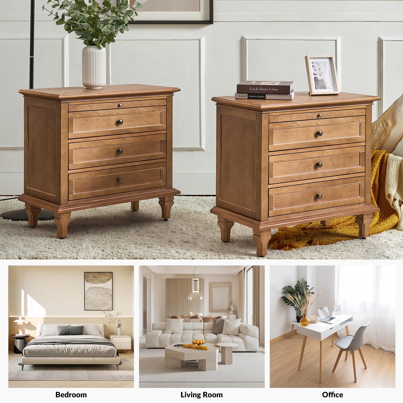 Galatea 3-Drawer Nightstand with USB Charging Ports & Power Outlets - Modern Bedside Table with Storage for Bedroom, Living Room or Office