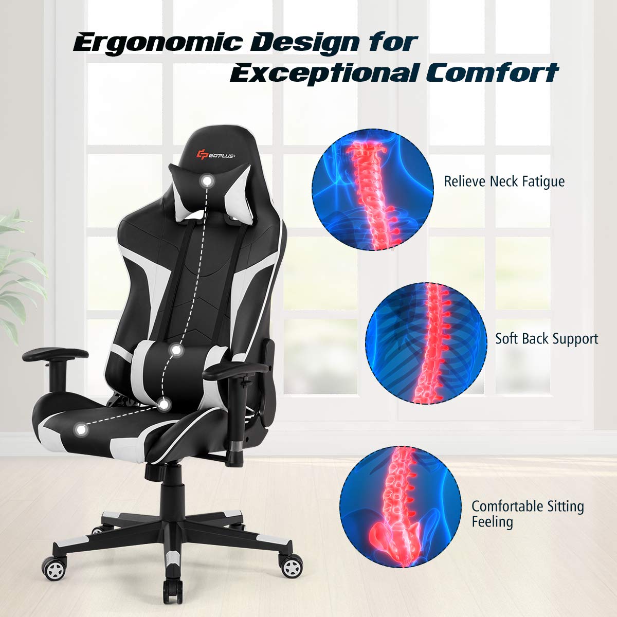 Ergonomic Gaming Chair with Massage - High Back PU Leather Office Chair, Adjustable Arms & Headrest, Reclining Racing Style Computer Game Chair for Home & Office Use - Perfect for Gaming, Working, and Relaxing