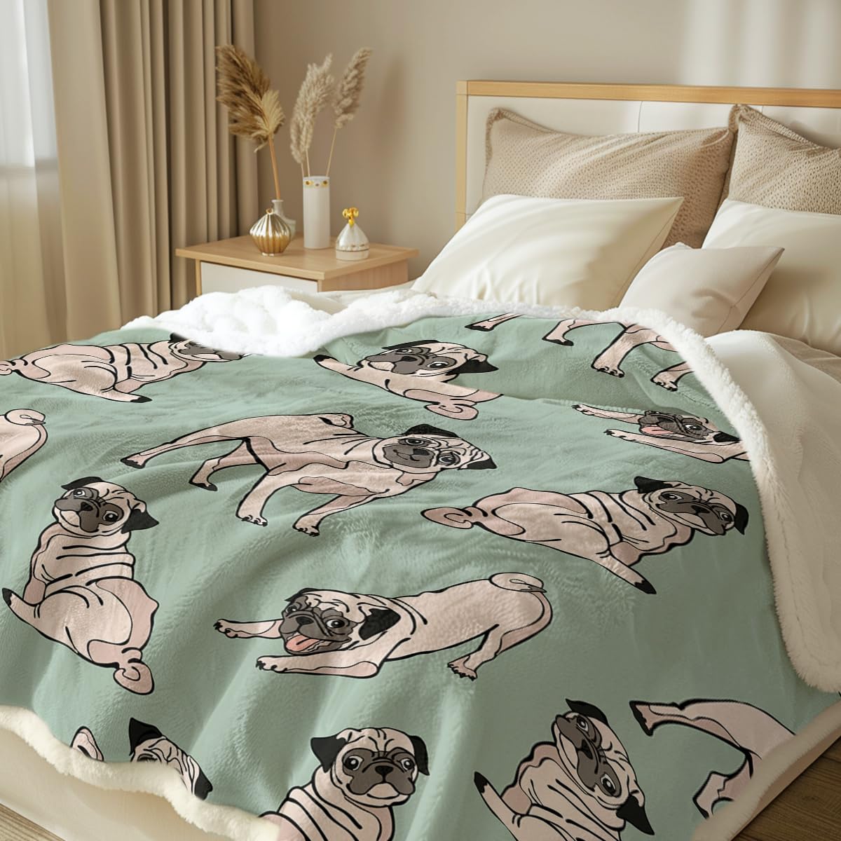 Soft Pug Fleece Throw Blanket for Kids & Adults - Cute Dog Sherpa Blanket, Green (50