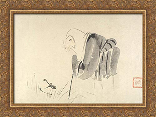 Shibata Zeshin 24x18 Gold Ornate Wood Framed Canvas Art - 'A Mouse As A Monk' Japanese Wall Decor for Living Room, Bedroom & Office