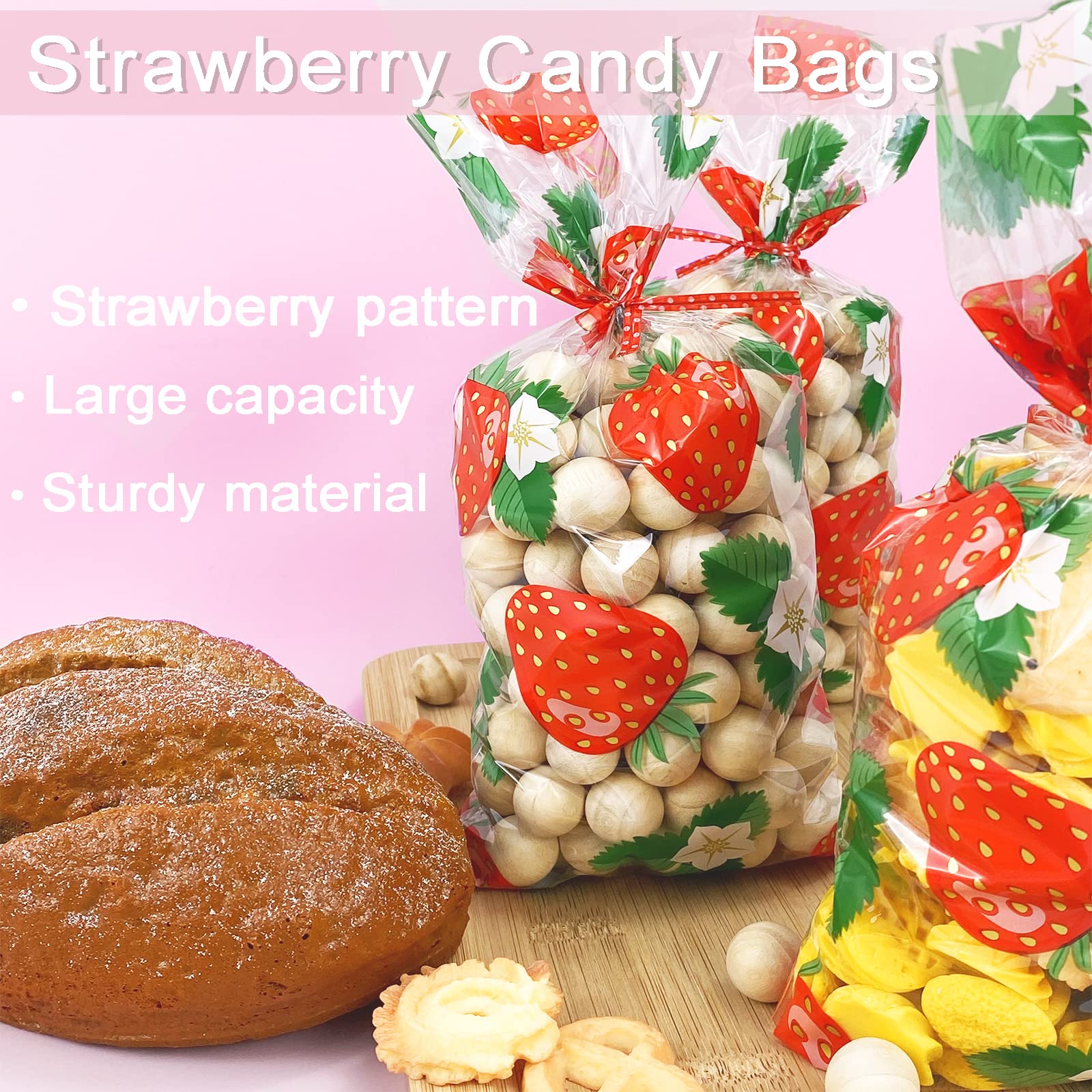 Strawberry Cellophane Bags 100Pcs with Twist Ties - Perfect for Candy, Cookies & Party Favors