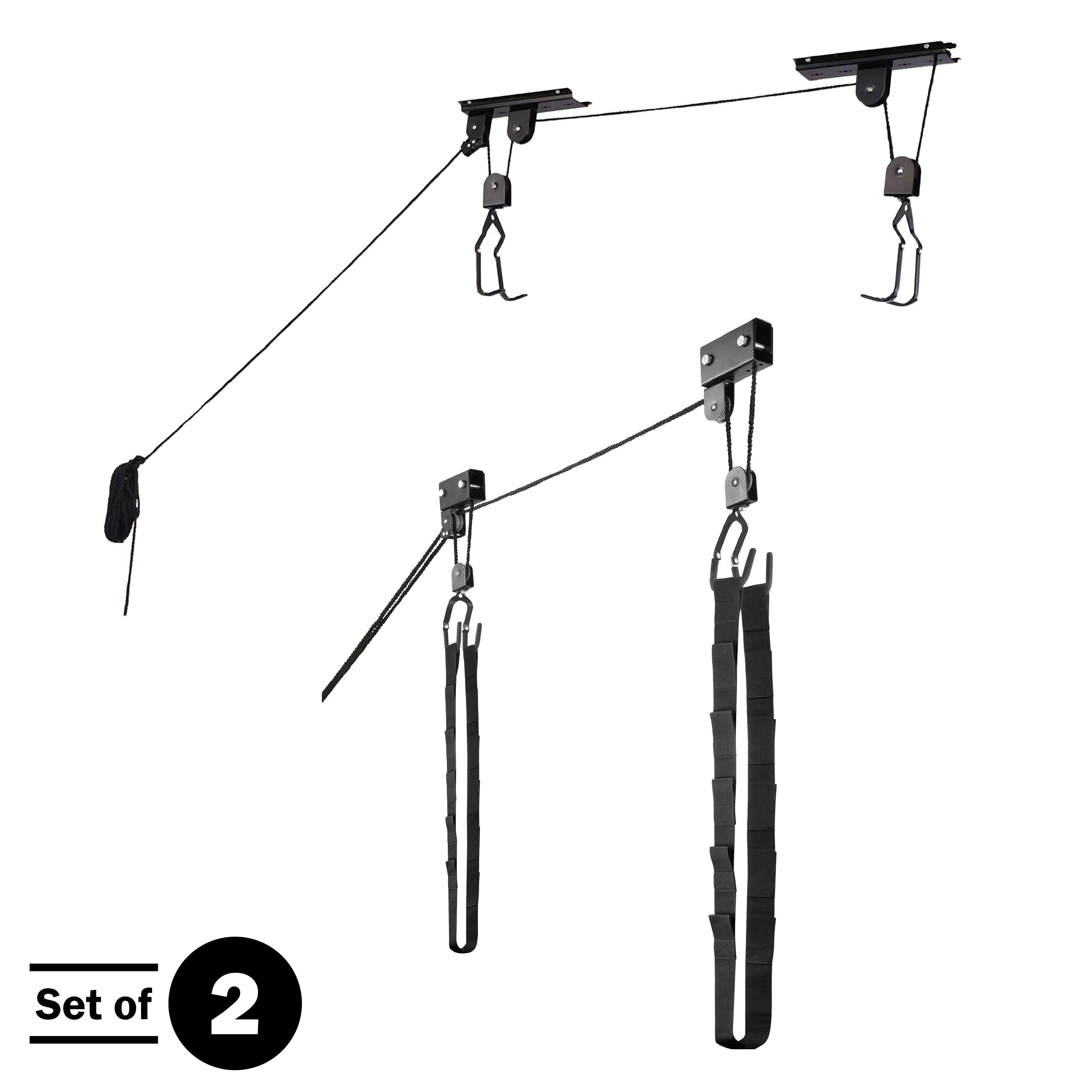 RAD Cycle Garage Hoist Set of 2 - Kayak Pulley & Bike/Ladder Hanger - Heavy Duty Overhead Storage System for Kayaks, Bikes, Ladders (Up to 12-Foot Ceilings) - Perfect for Garage Organization & Space Saving