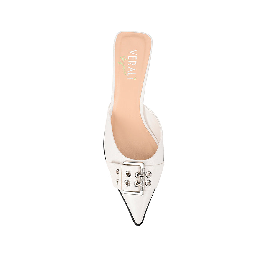 Sez Buckle Stiletto Mules - Women's Chunky Heel Slide Sandals in Chalk White Crinkle | Comfortable & Stylish for Office, Party & Summer Outfits