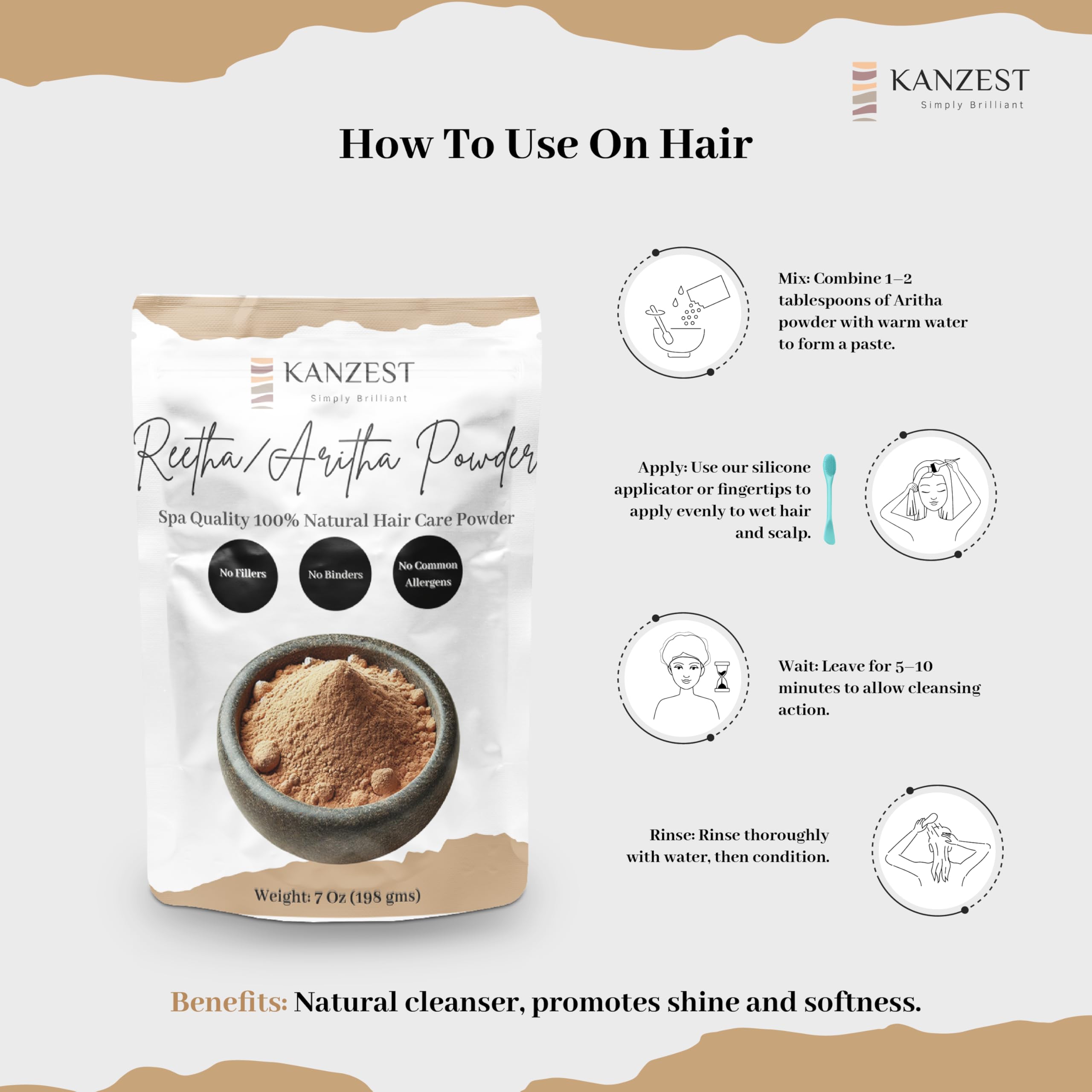 KANZEST 100% Natural Aritha Powder for Hair Growth & Hair Mask | Allergen-Free Ayurvedic Hair Care Treatment with Silicon Brush | 198g Moisture-Lock Zipper Pouch | Perfect for DIY Hair Masks & Scalp Treatments at Home