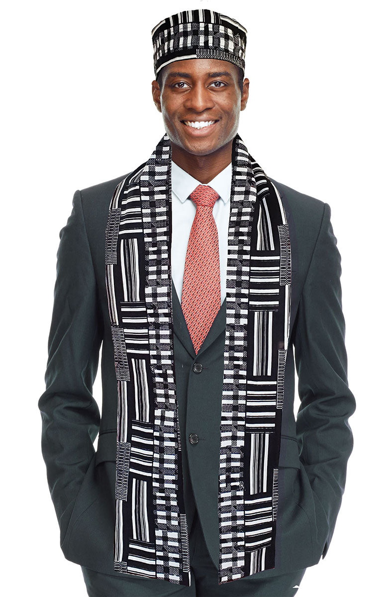 Stylish Black and White Kente African Print Hat & Scarf Set - Traditional African Headwear & Fashion Accessory for Women - Perfect for Cultural Events, Weddings & Afrocentric Outfits