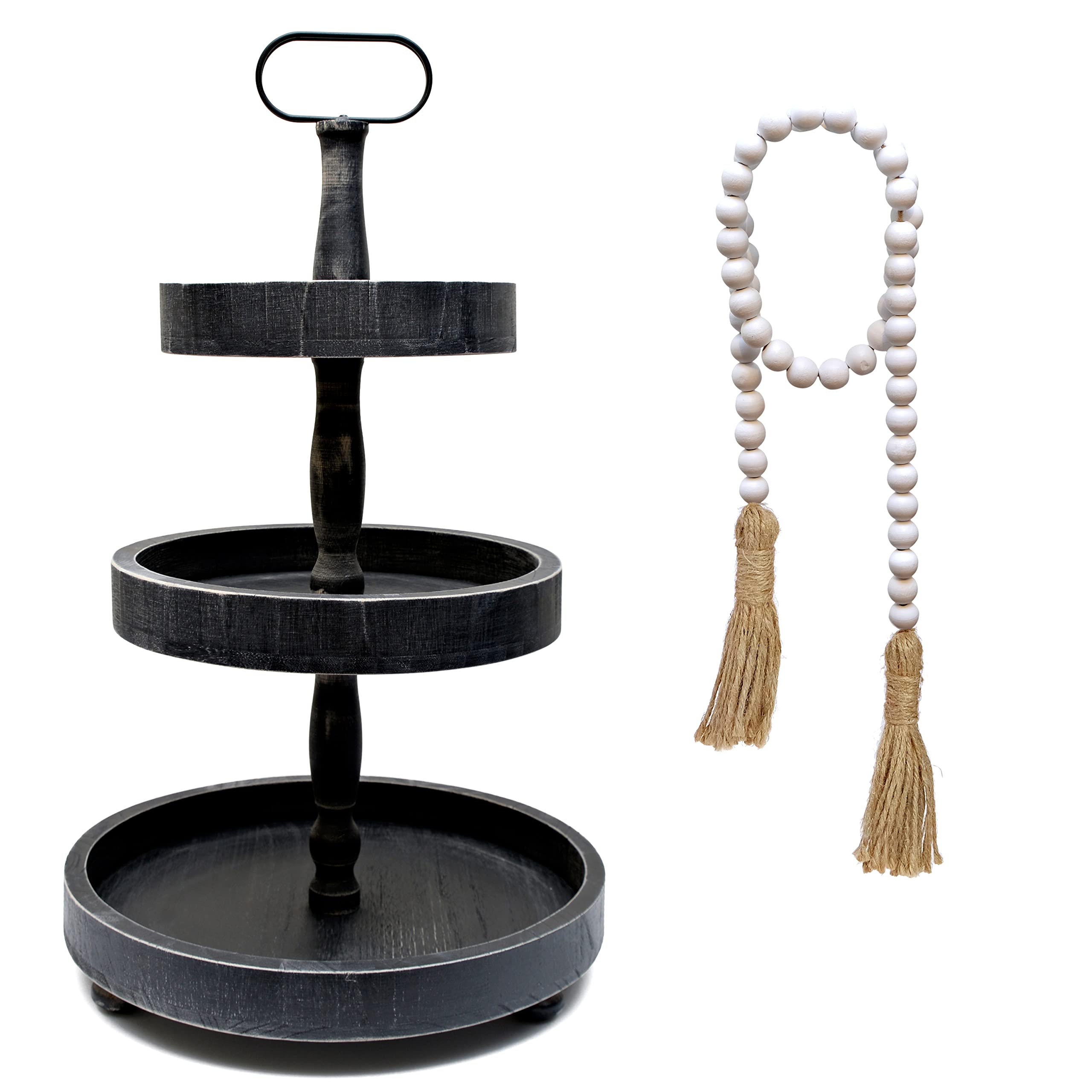 3 Tier Rustic Wooden Tiered Tray with Bead Garland - Farmhouse Decor for Kitchen Counter, Dining Table & Coffee Table - Black Stand Display Organizer for Fruits, Desserts, Home Decor