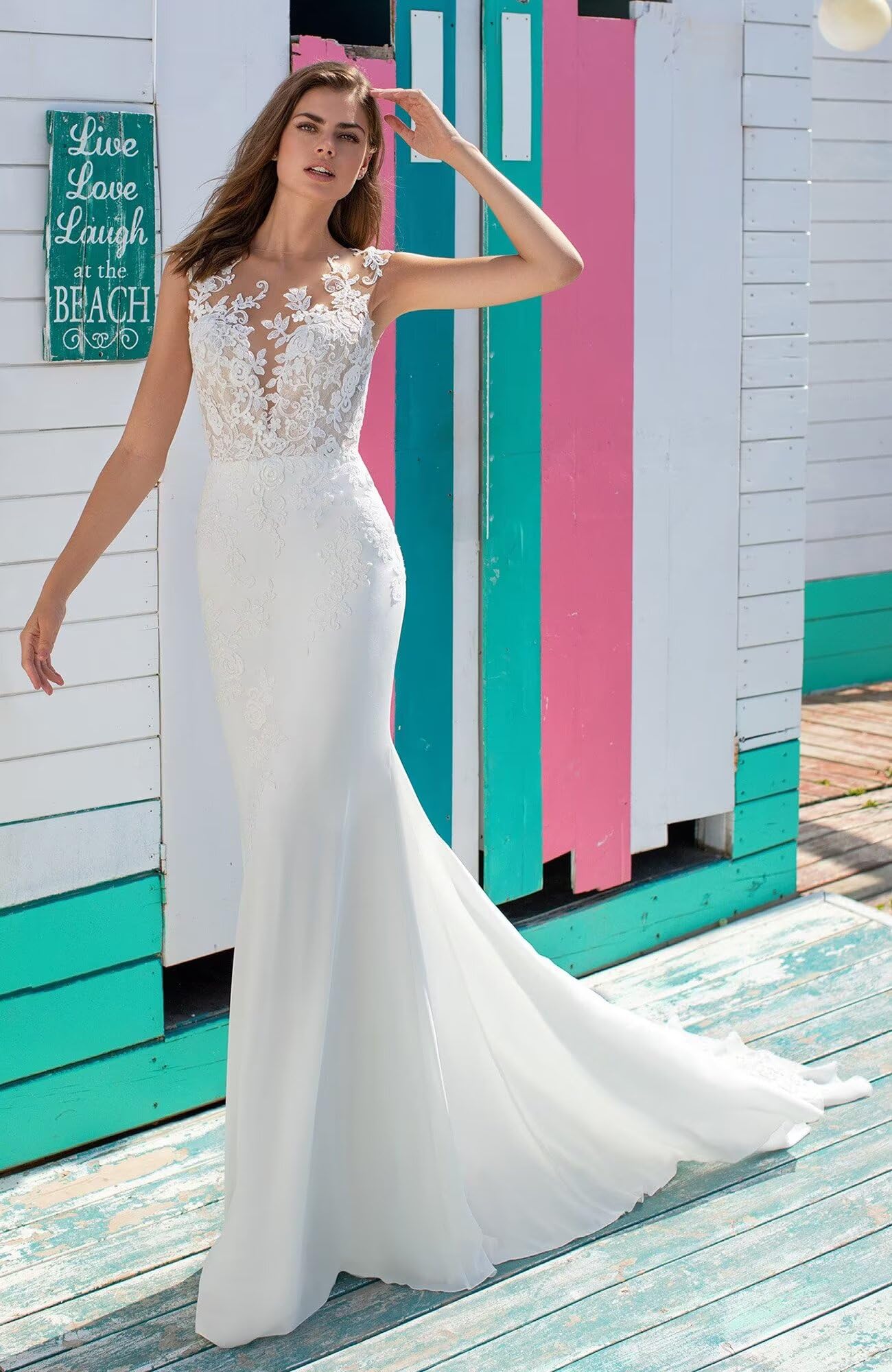 Elegant Lace Mermaid Wedding Dress for Bride - Floral Backless Boho Bridal Gown for Beach, Destination & Outdoor Weddings | Perfect for Romantic Seaside Ceremonies