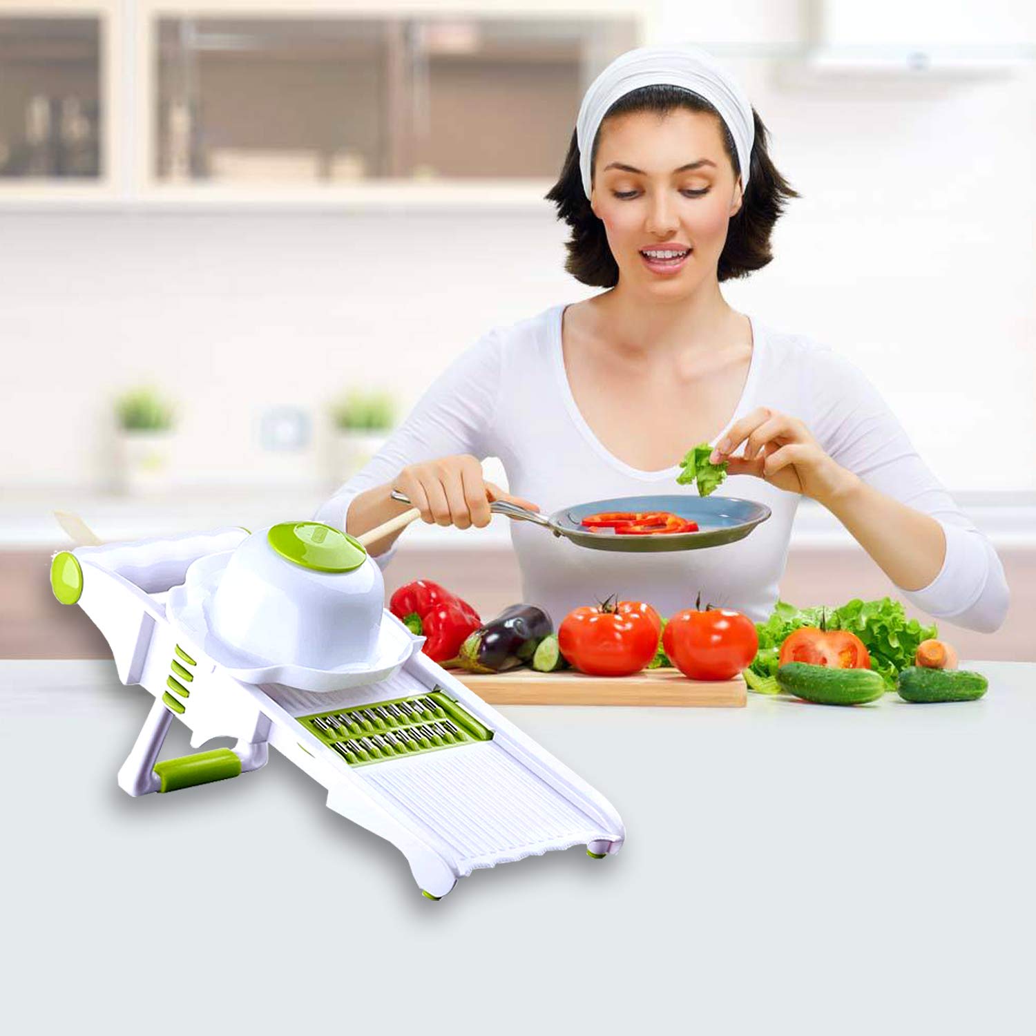 Adjustable Mandoline Slicer for Vegetables & Fruits - Stainless Steel French Fry Cutter, Crinkle Waffle Slicer, Julienne Grater with Garlic Grinder (White) | Perfect for Meal Prep, Salad Making & Healthy Cooking
