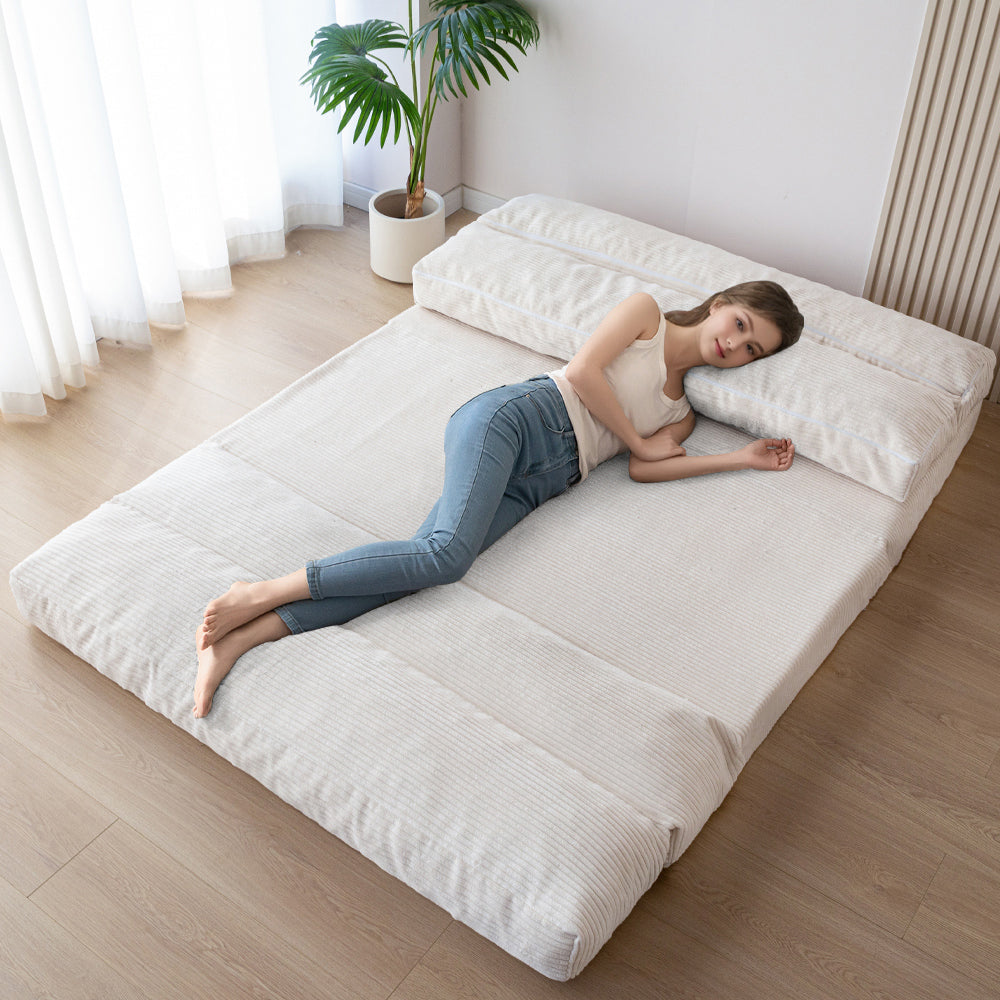 MAXYOYO Folding Sofa Bed - Convertible Corduroy Floor Sofa in Beige | Space-Saving Guest Bed & Lounge Chair for Small Apartments, Dorms & Living Rooms