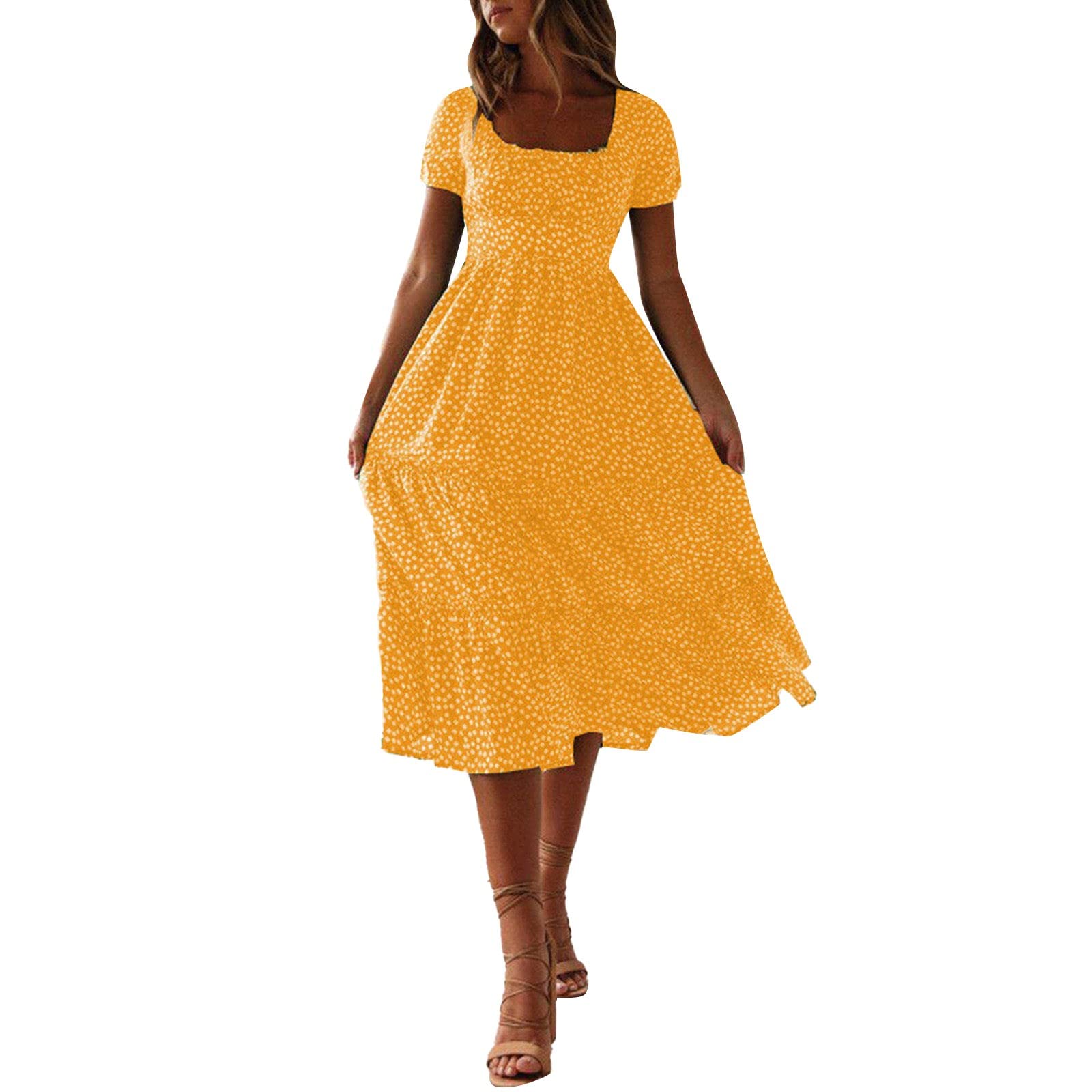 Women's Floral Square Neck Short Sleeve Summer Dress - High Waist A-Line Ruffle Casual Beach Wedding Guest Dress for Outdoor Parties & Vacations