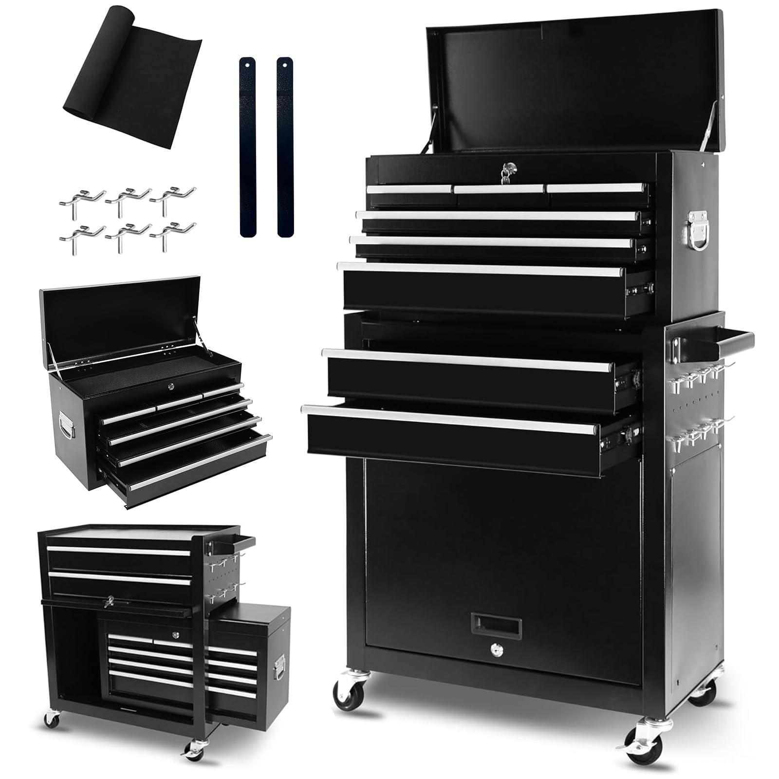 8-Drawer Rolling Tool Chest with Wheels - Heavy Duty Locking Tool Box with Drawer Liners for Garage, Workshop & Warehouse - Perfect for Mechanics, DIY Enthusiasts & Professional Contractors (Black)