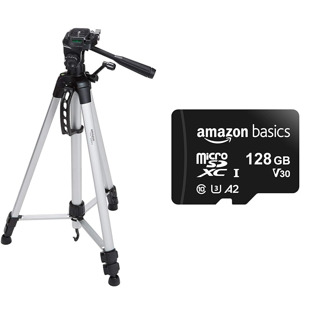 Amazon Basics 60-Inch Lightweight Tripod with Carrying Bag & 128GB Micro SD Card Bundle - Perfect for Photography, Videography, and Travel Accessories