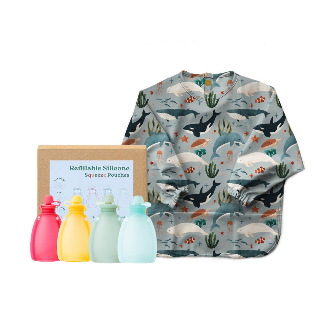 Baby Smock Bib with Reusable Food Pouches Set - Waterproof Feeding Bib & Spill-Proof Snack Bags for Toddlers, Infants & Kids - Perfect for Mealtime, Daycare & On-the-Go Snacking