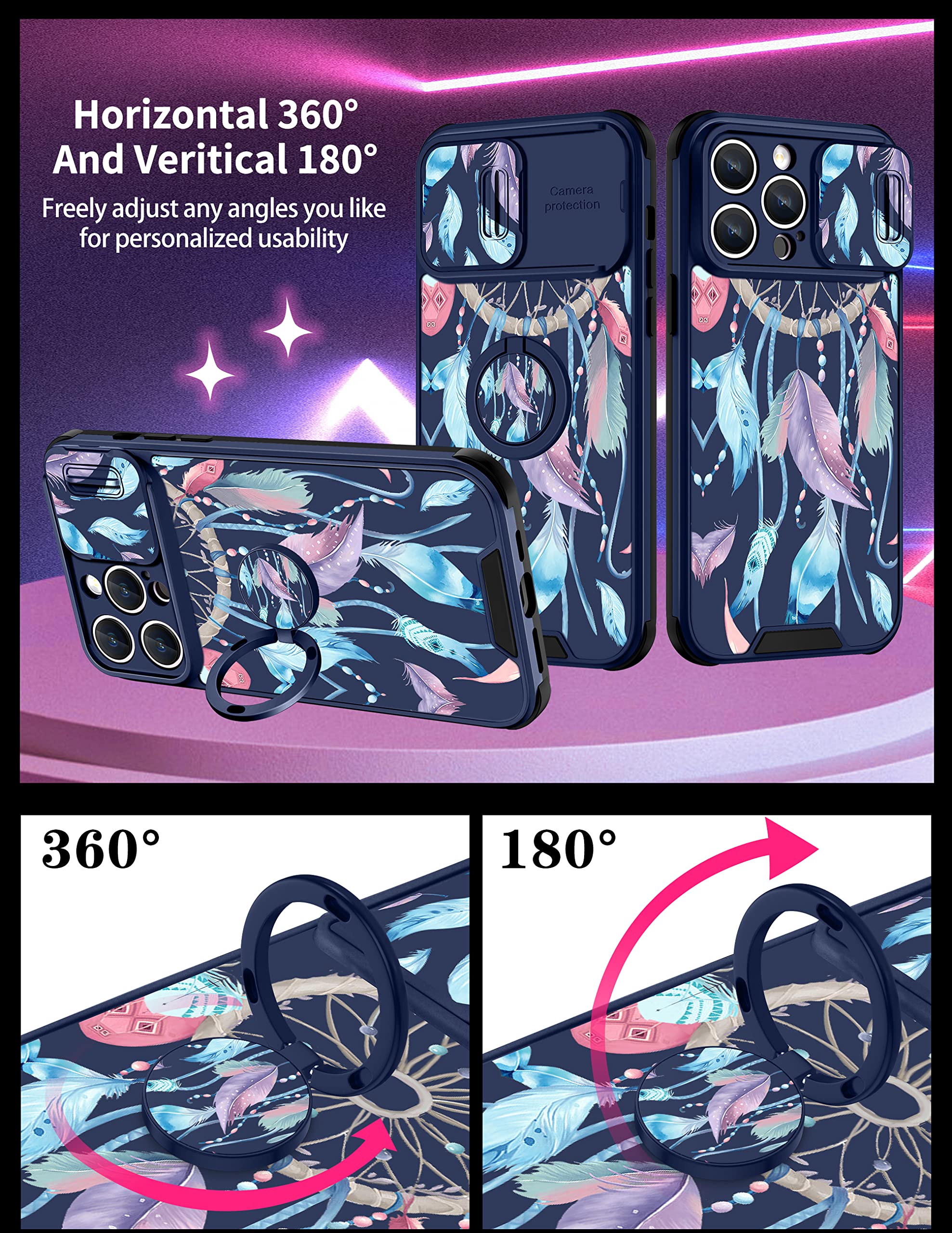 2in1 iPhone 14 Pro Max Case with Slide Camera Cover & Ring Holder - Dream Catcher Aesthetic Fashion Design for Women Girls (6.7