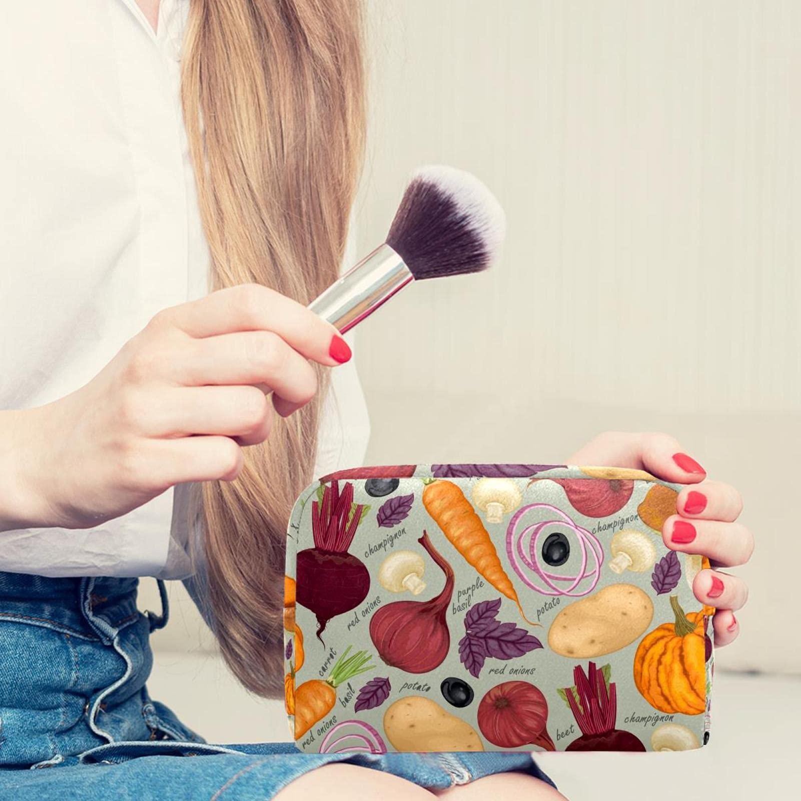 Hand Drawn Vegetable Cosmetic Bag for Women - Travel Makeup Organizer for Girls