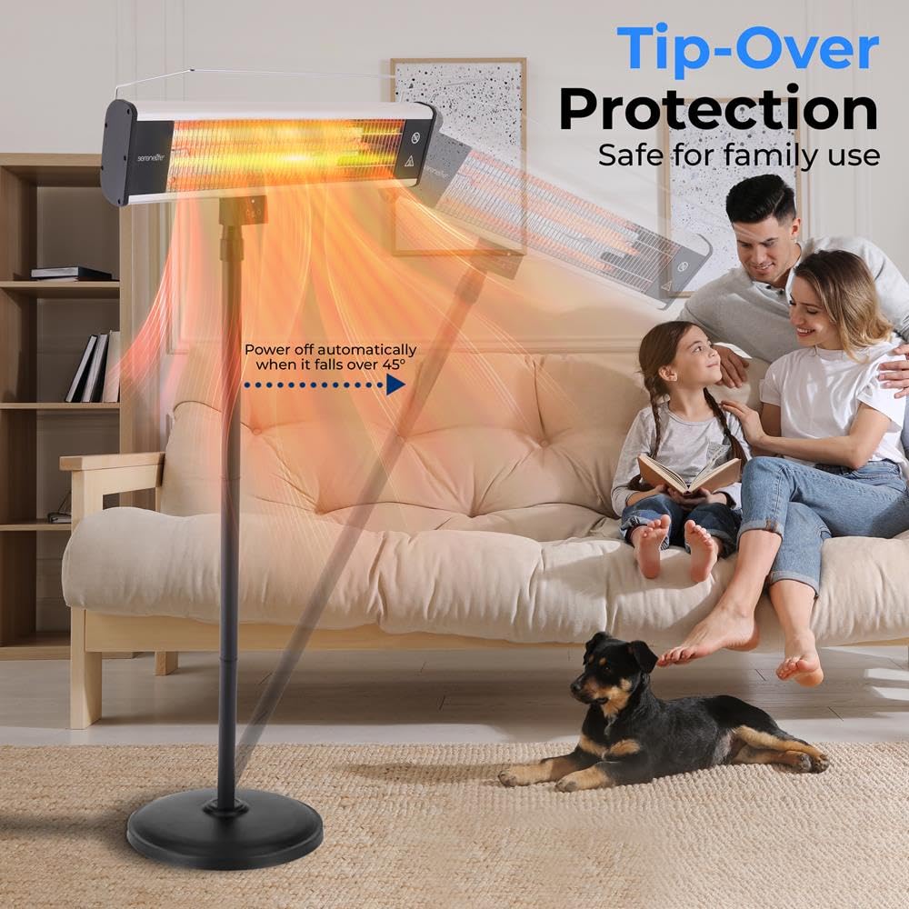 SereneLife 1500W Infrared Patio Heater with Remote Control - Indoor Outdoor Electric Heater, Portable Standing Heater with 360° Tip-Over Safety & IP65 Rating - Perfect for Restaurants, Patios, Backyards, Garages, Decks, and Outdoor Gatherings