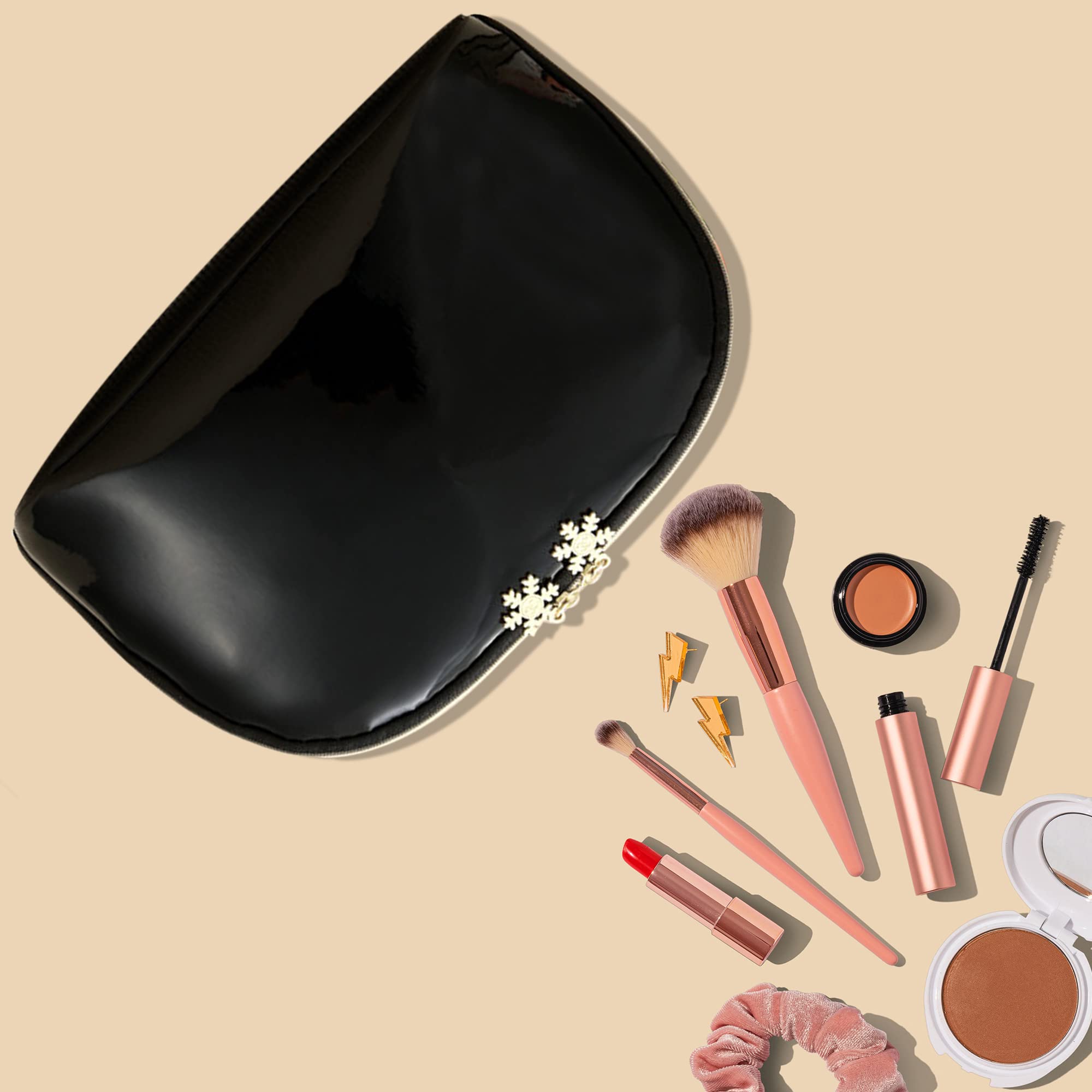 ZLMBAGUS Fashion Cosmetic Bag - Waterproof Patent Leather Makeup Pouch with Wrist Strap & Zipper Closure - Travel Organizer for Makeup, Jewelry, Coins & Essentials - Perfect for Daily Use, Travel & Gifts