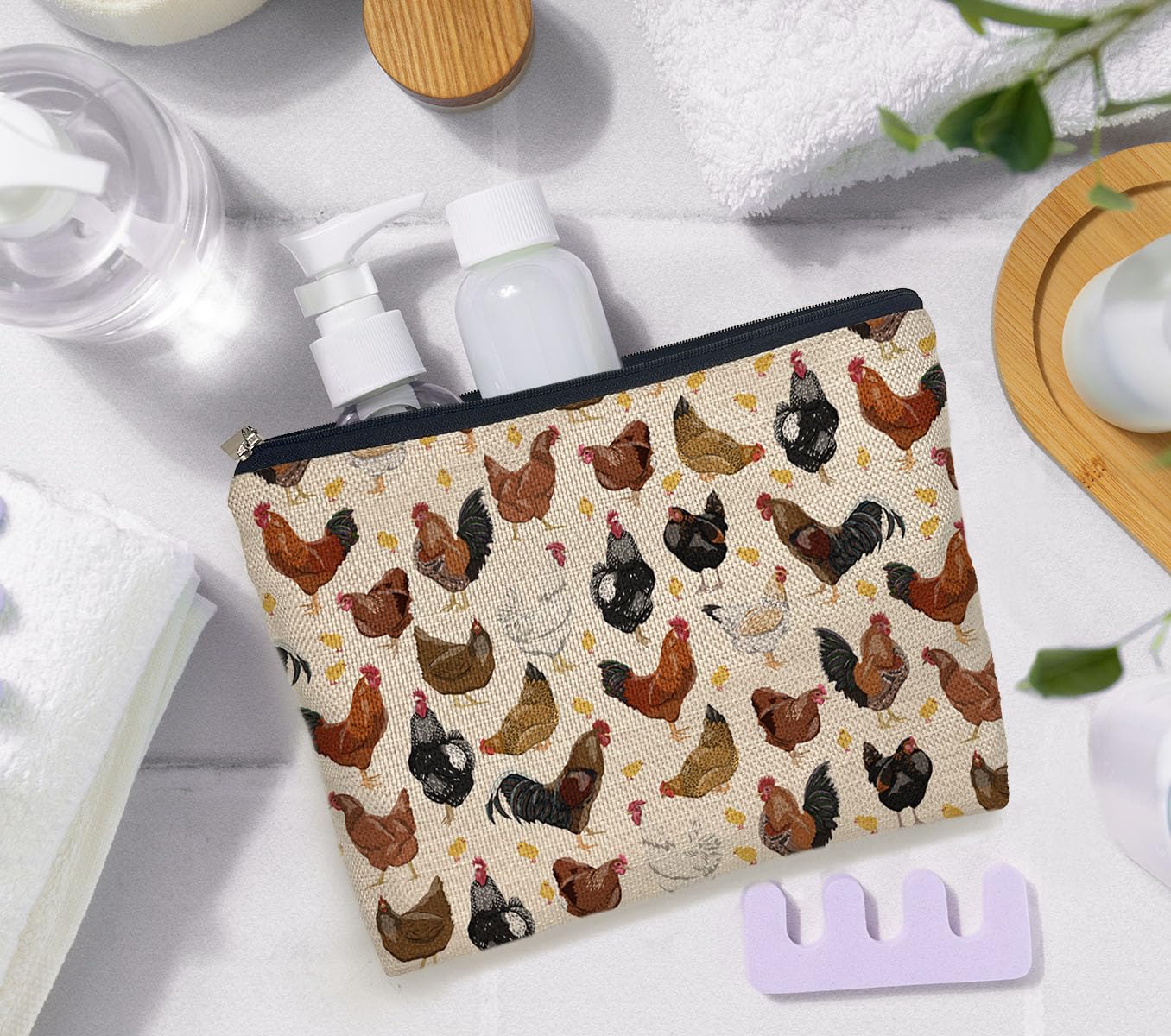 Stylish IWXYI Chicken Print Makeup Bag - Waterproof Zipper Pouch for Cosmetics, Travel Toiletry Organizer | Perfect Gift for Women & Chicken Lovers | Great for Travel, Gym, and Daily Use