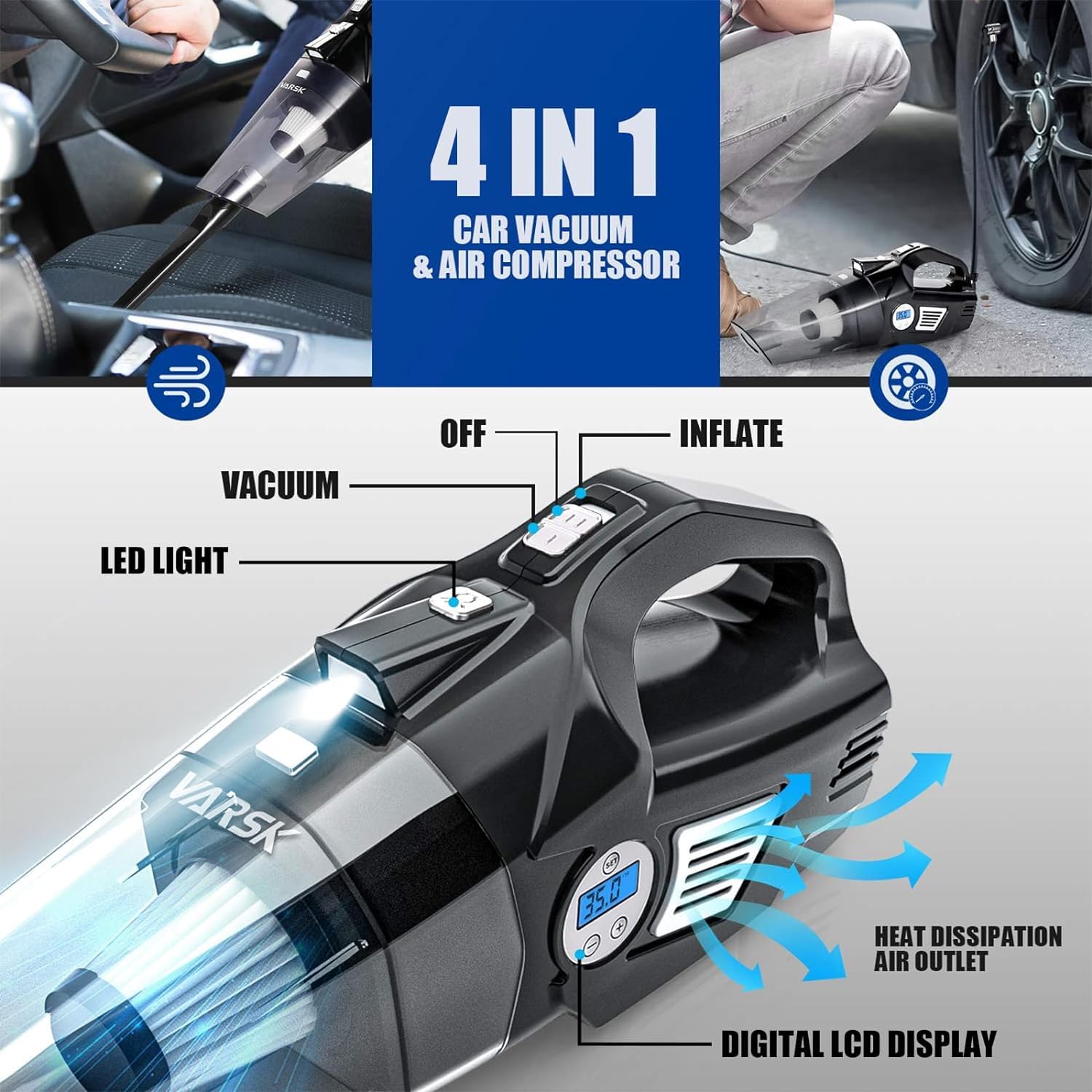 VARSK 4-in-1 High Power Car Vacuum Cleaner & Tire Inflator - 12V DC Portable Auto Vac with Digital Tire Pressure Gauge, LCD Display, LED Light & 15FT Cord - Perfect for Car Cleaning, Emergency Tire Inflation, Road Trips & Camping Accessories