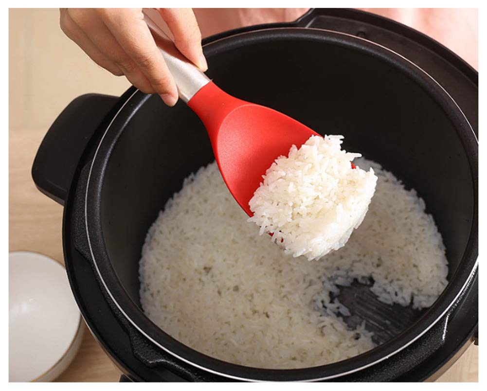 AKOAK 1 Pack Stainless Steel Silicone Rice Spoon - Non-Stick, Durable & Eco-Friendly Kitchen Utensil for Cooking Rice, Mashed Potatoes, Stir-Frying & Serving - Perfect for Home, Restaurant & Camping Use (Red)