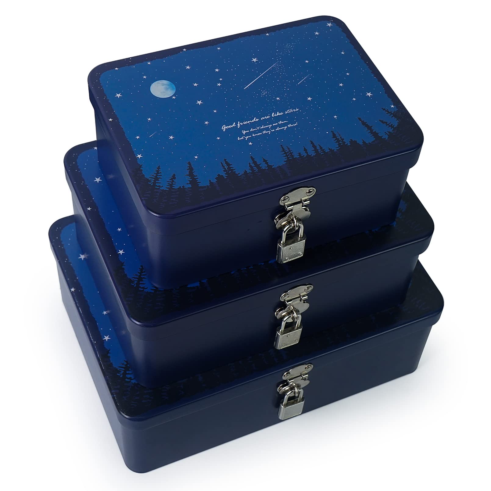 Luwint Decorative Metal Storage Box Set of 3 (Large, Medium, Small) - Hinged Lockable Tin Containers with Night Sky Pattern, Perfect for Home Office Organization & Unique Gift for Friends, Parents, Mother's Day, Father's Day - Ideal for Jewelry, Keepsakes, Stationery & Craft Supplies Storage