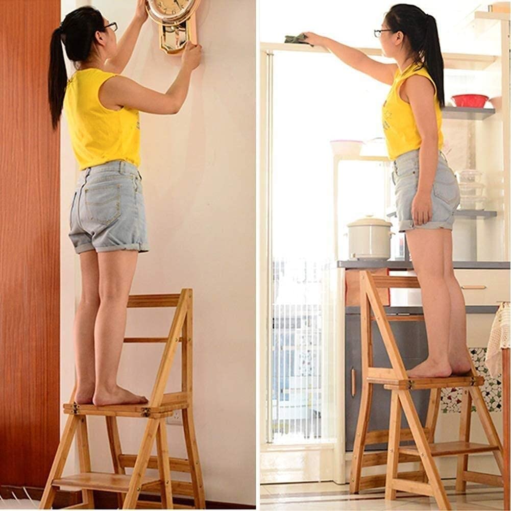 Solid Wood Multi-Functional Folding Chair - 2-in-1 Step Stool for Home, Ladder Stool & Shoe Bench with 3 Steps - Perfect for Kitchen, Bathroom, Closet Organization & Reaching High Shelves