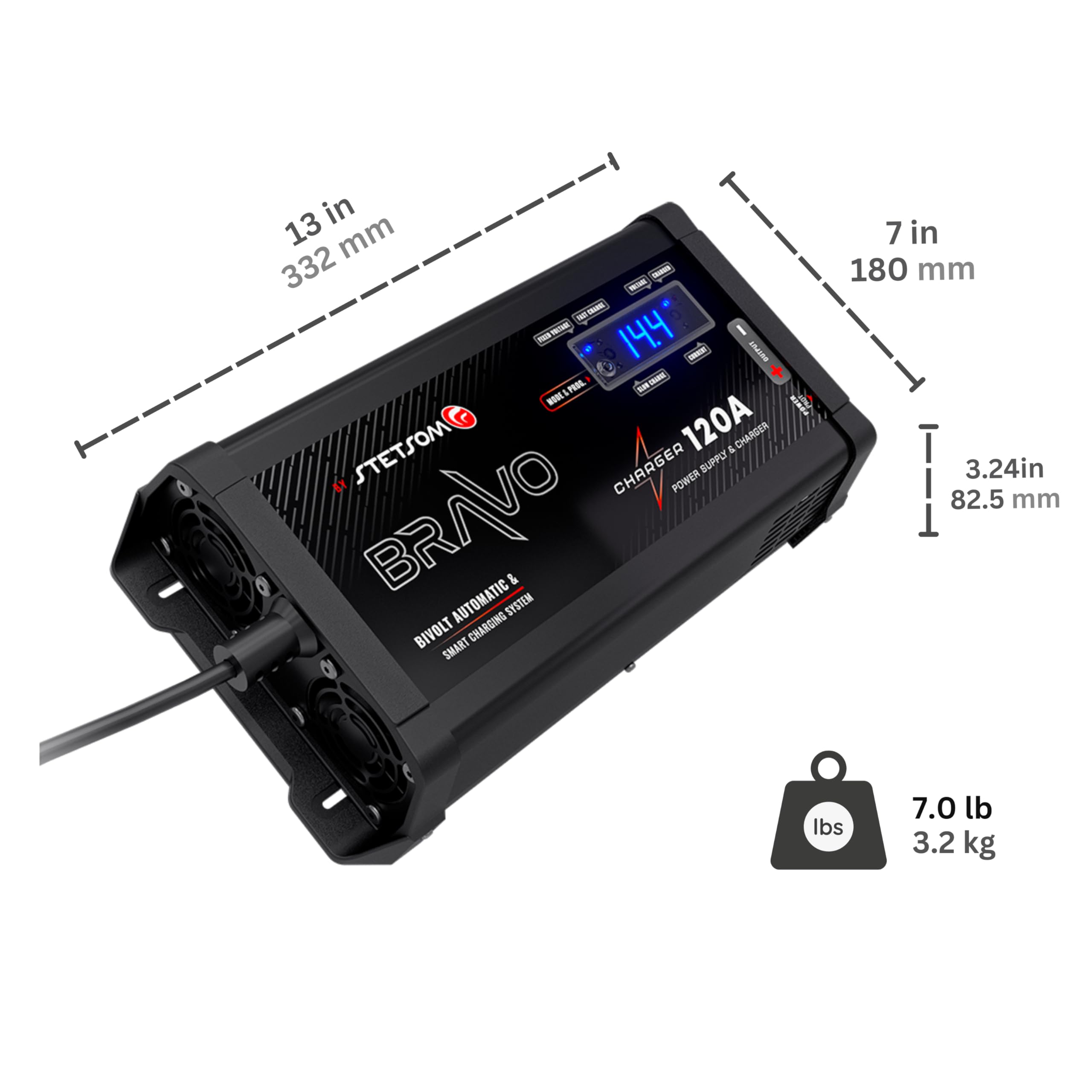 Stetsom Bravo 120A PRO Bivolt Smart Battery Charger - 127V/220V AC Car Audio Power Supply with Fixed/Slow/Fast Charge Modes - Perfect for Car Audio Systems, Marine Batteries & RV Power Maintenance
