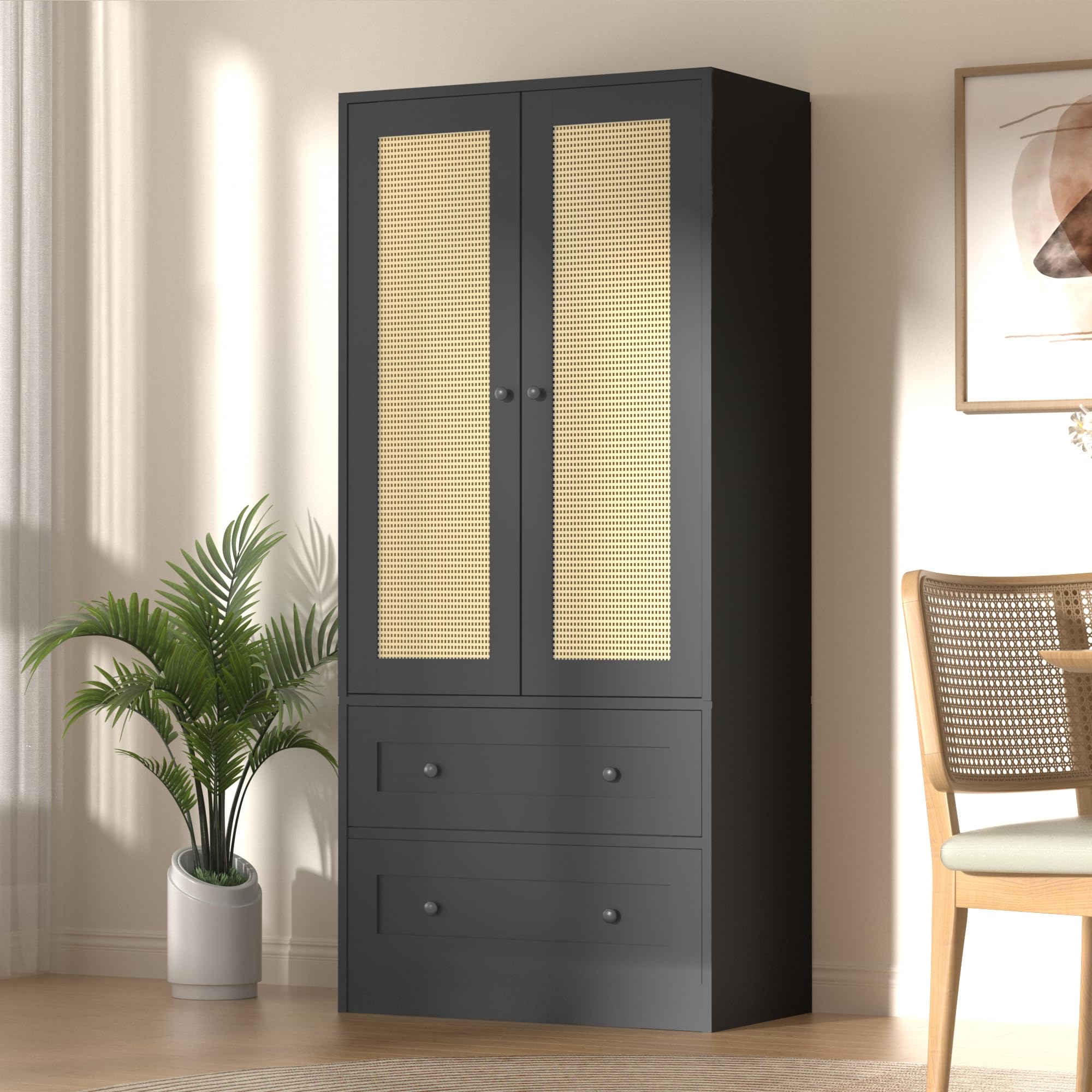 Rattan Black Kitchen Pantry Cabinet - 64.2