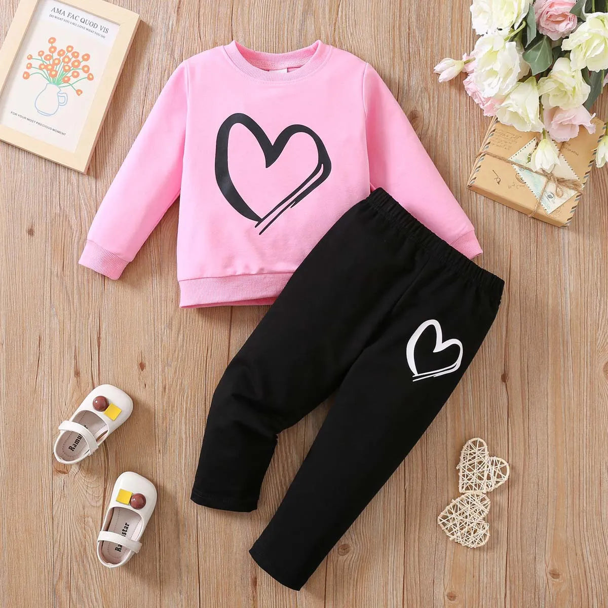 Girls' Long Sleeve Love Print Blouse & Cotton Pants Set - Valentine's Day Kids Fashion Outfit for Autumn | Casual Wear for School, Playdates & Family Photos