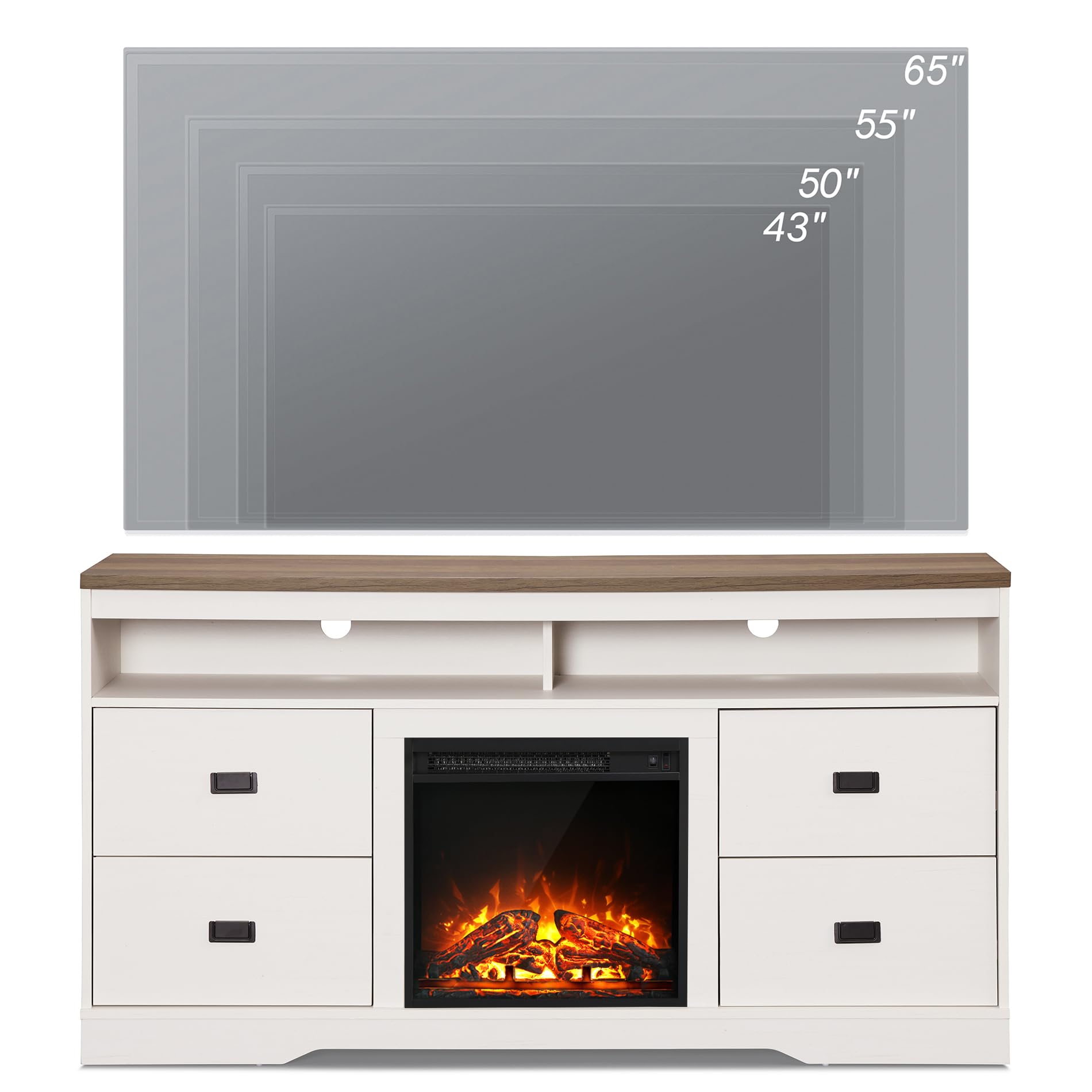 WAMPAT 65 Inch Farmhouse Style TV Stand with Electric Fireplace - Rustic Wood Entertainment Center with Storage & Adjustable Shelves - Antique White Finish - Perfect for Living Room, Bedroom or Home Theater Setup