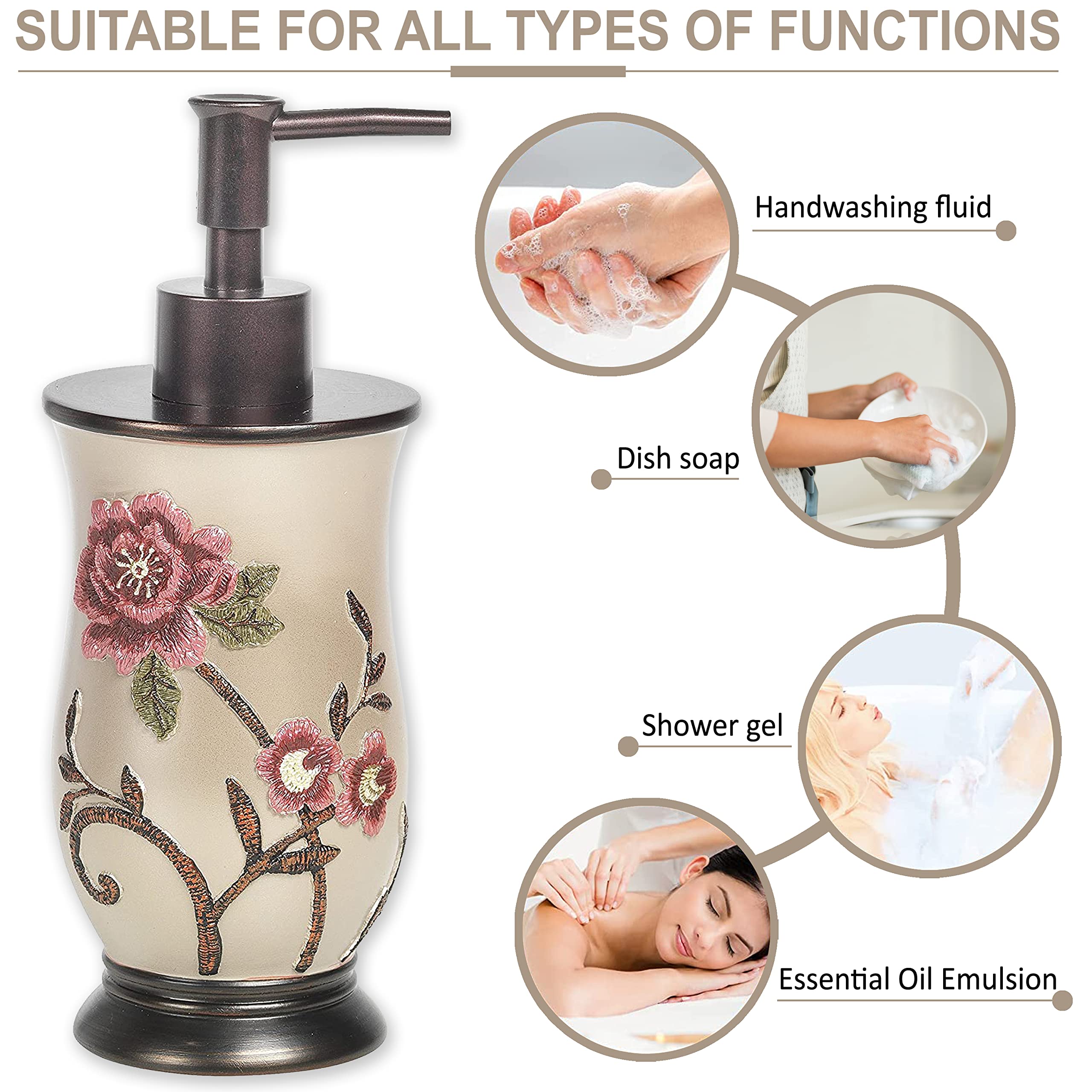 Zahari Home 4-Piece Larrisa Floral Bathroom Set - Modern Classic Flower Soap Dispenser, Tumbler, Toothbrush Holder & Soap Dish - Luxury Decor for Stylish Bathrooms | Perfect for Guest Bathrooms, Master Suites & Spa-Inspired Home Decor