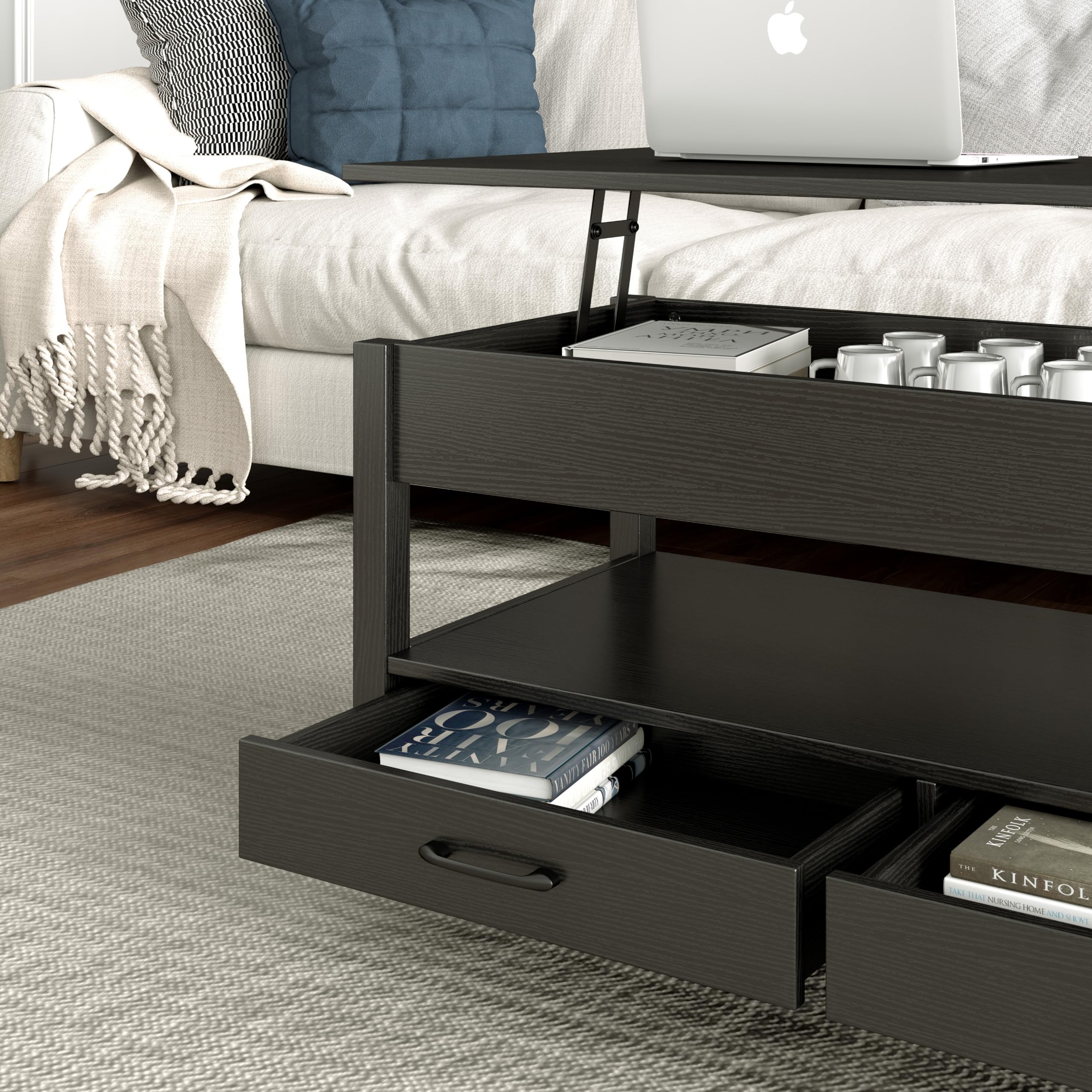 Lift Top Coffee Table with Hidden Storage - Retro Wooden Coffee Table with 2 Drawers & Open Shelf - Panana Lift-Top Living Room Table for Sofa & TV Area (Black) - Perfect for Small Spaces & Home Decor