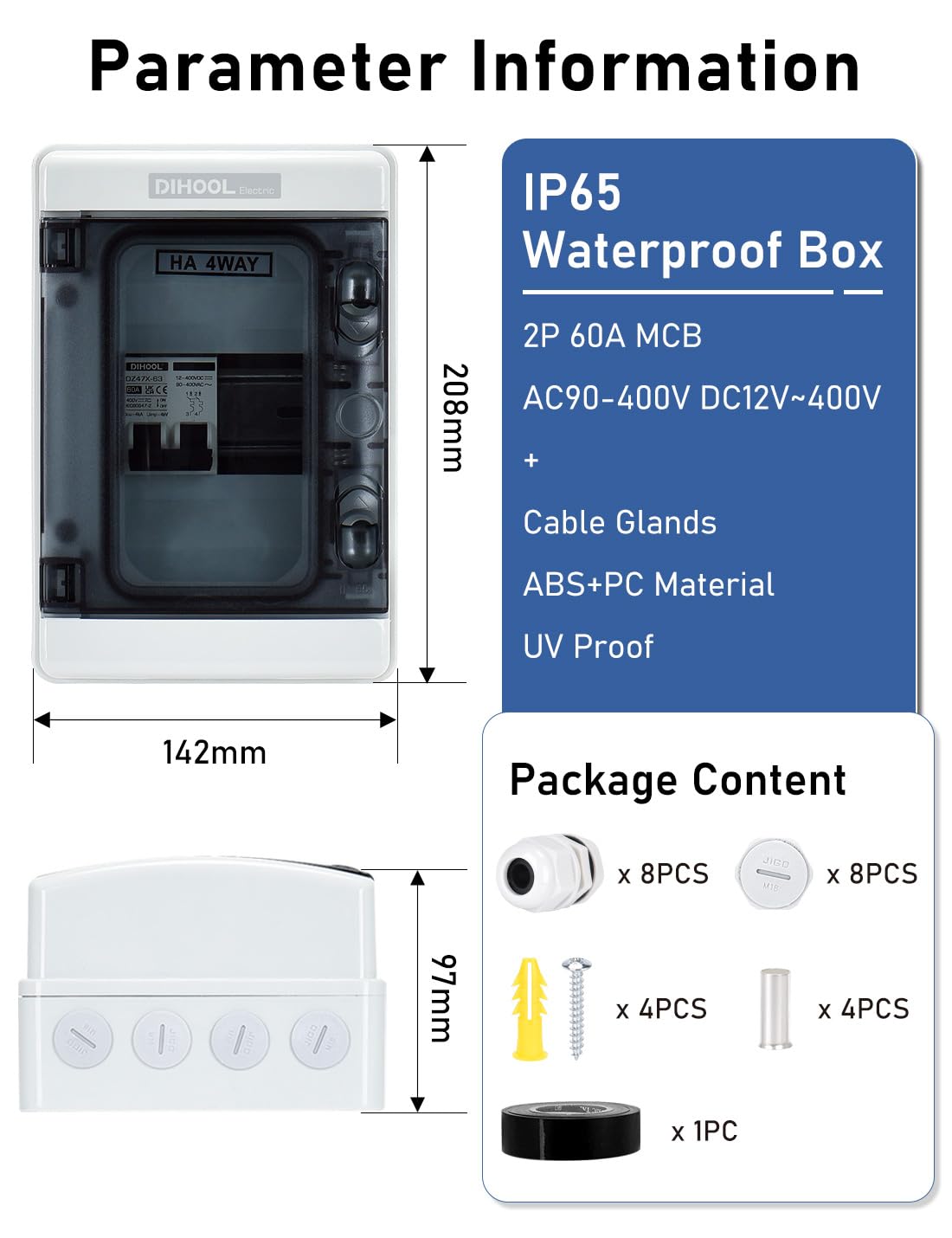 DIHOOL 60 Amp DC Circuit Breaker Box - Waterproof Solar Disconnect Switch with DIN Rail Mount for RV, Marine, Off-Grid Solar System & Home Power Distribution