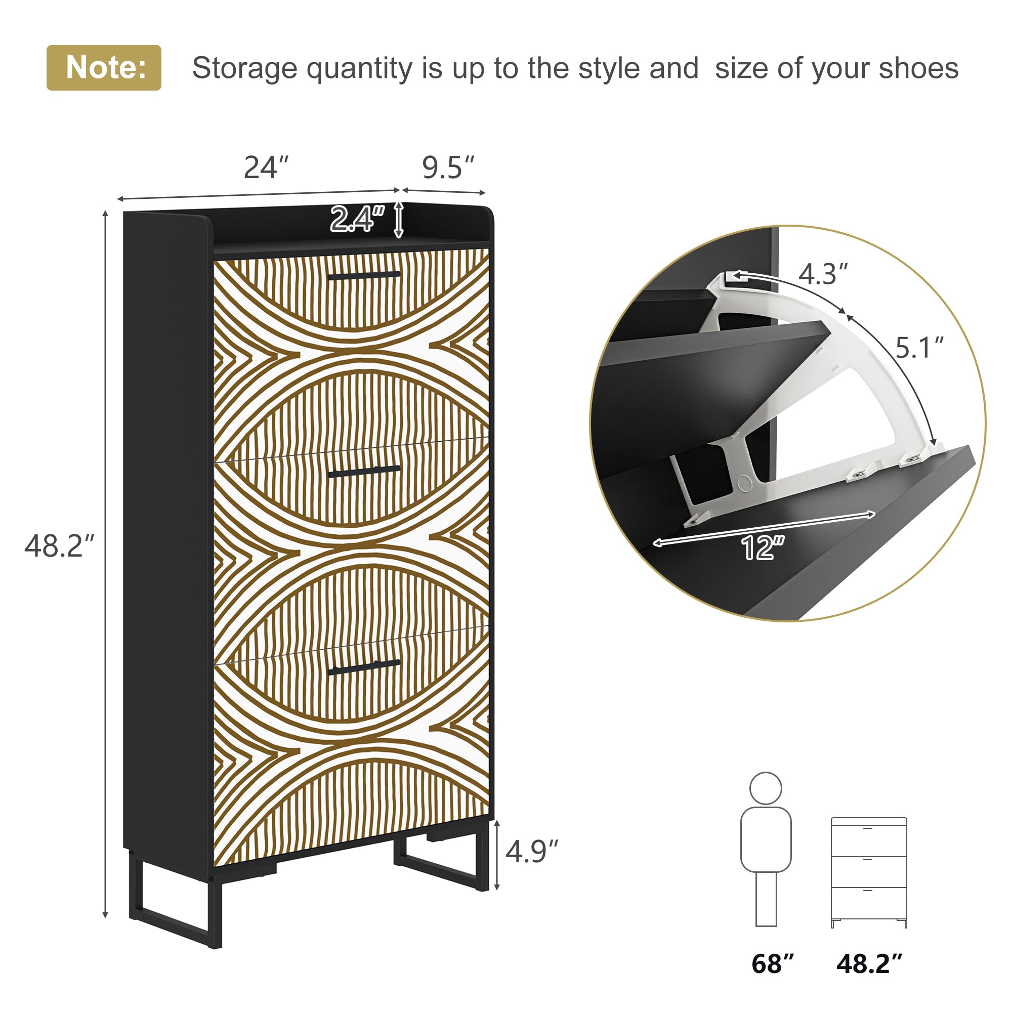 Spaco Narrow Shoe Storage Cabinet with 3 Flip Drawers - Slim Hidden Shoe Rack Organizer with Metal Legs for Entryway & Hallway - Perfect for Small Spaces & Apartment Living