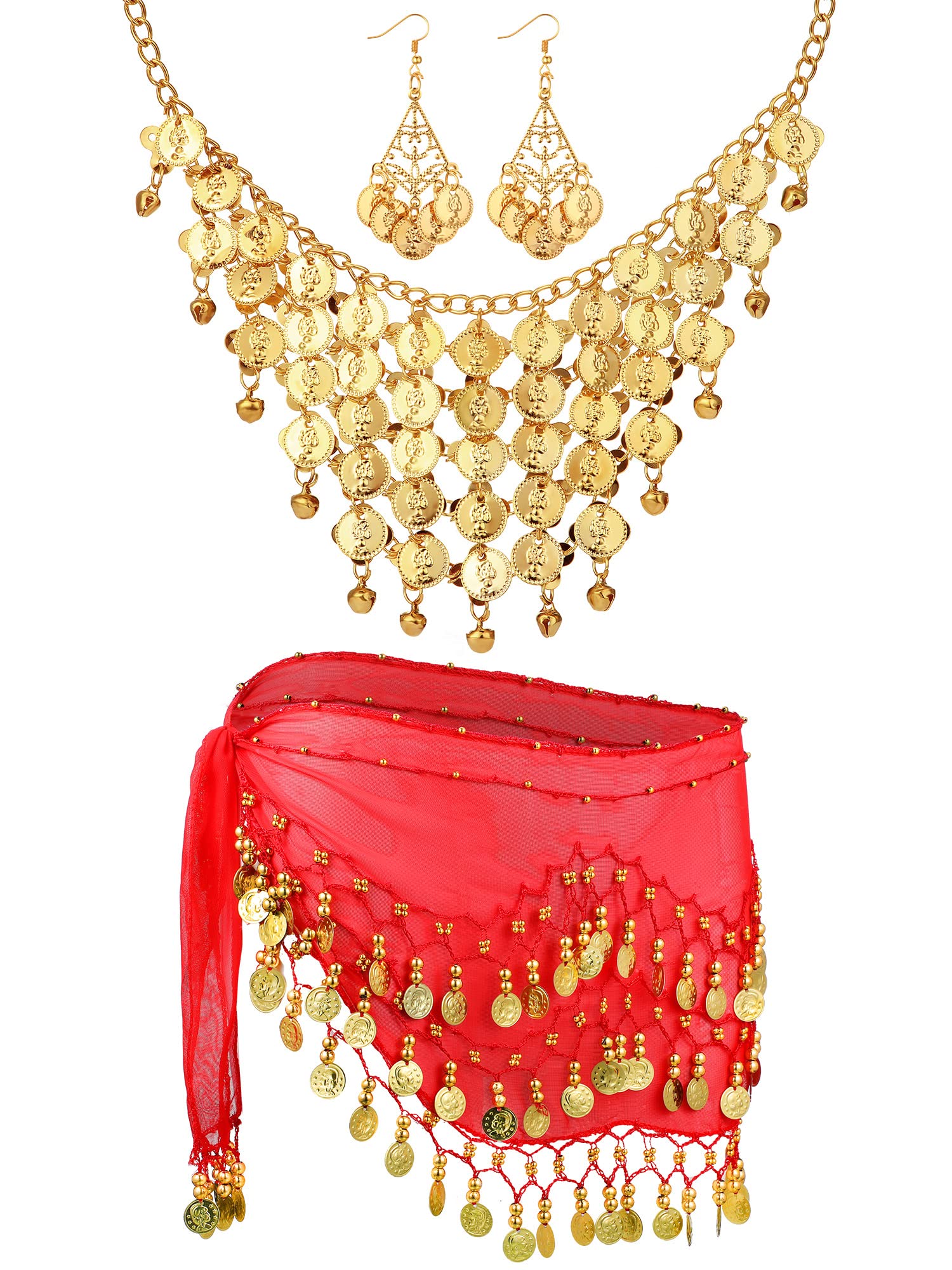 Hicarer Women's Belly Dance Costume Set - Gold Hip Scarf Wrap Belt, Necklace & Earrings for Gypsy, Cosplay, Halloween and Performance