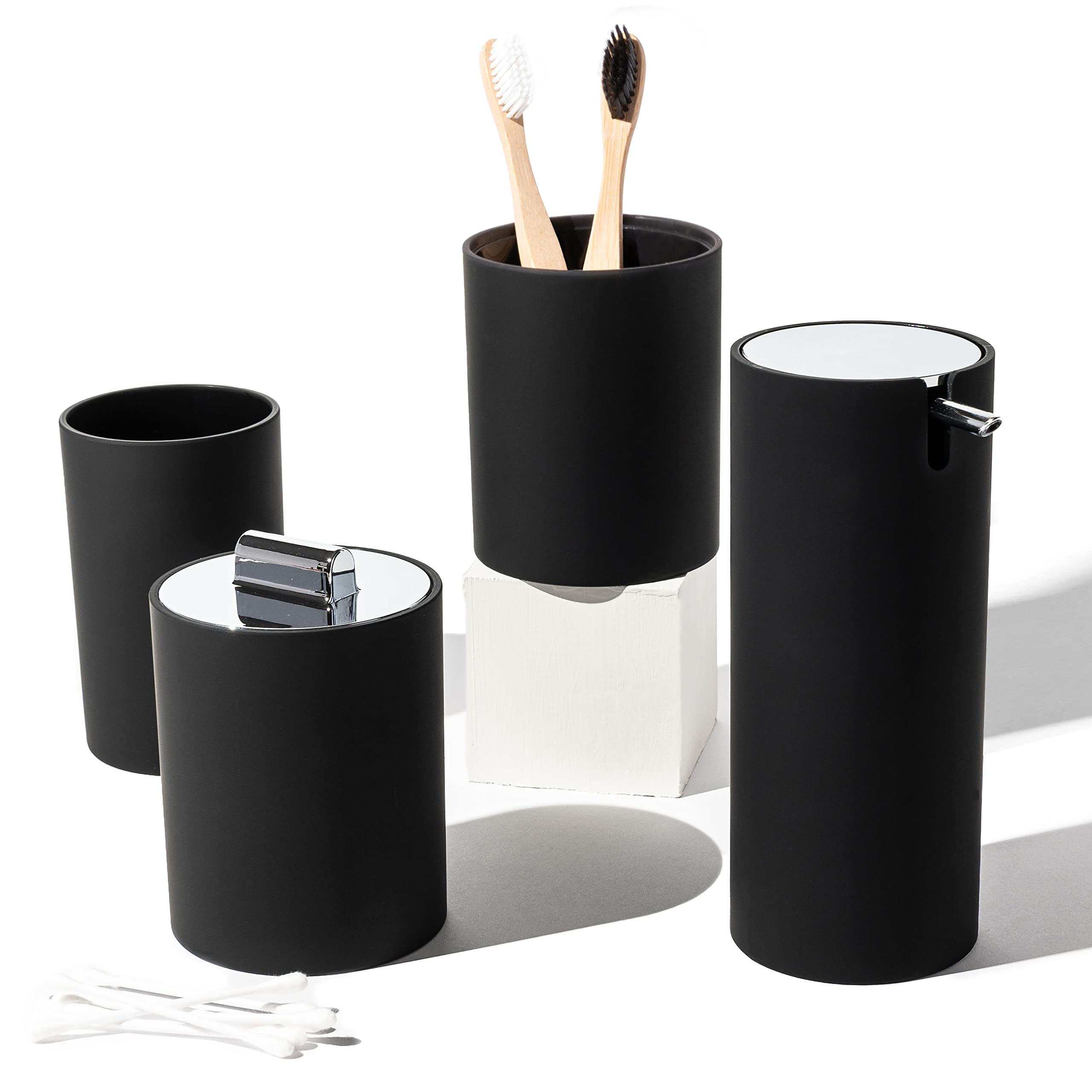 Modern Matte Black Bathroom Accessory Set - 4 Piece Complete Bathroom Organizer with Toothbrush Holder & Soap Dispenser | Waterproof Bathroom Decor for Home, Apartment, Hotel | Perfect Housewarming Gift