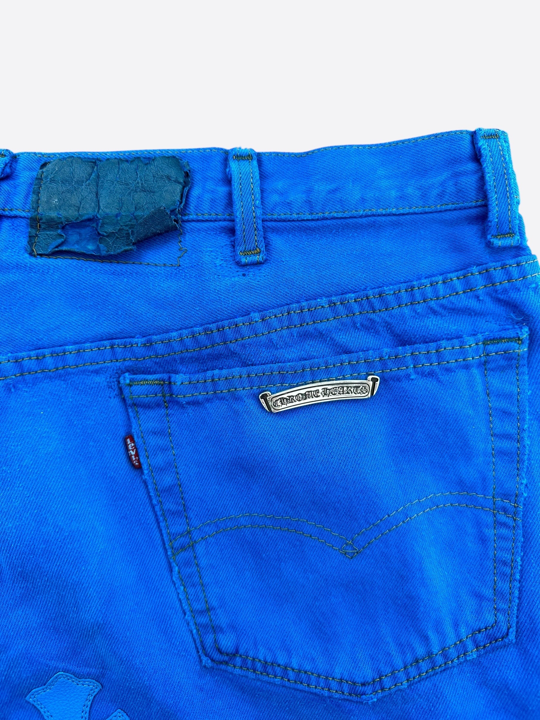 Chrome Hearts x Levi's London Exclusive Blue Dyed Cross Patch Denim Jeans for Men - Stylish Vintage Designer Pants for Casual Wear & Street Fashion