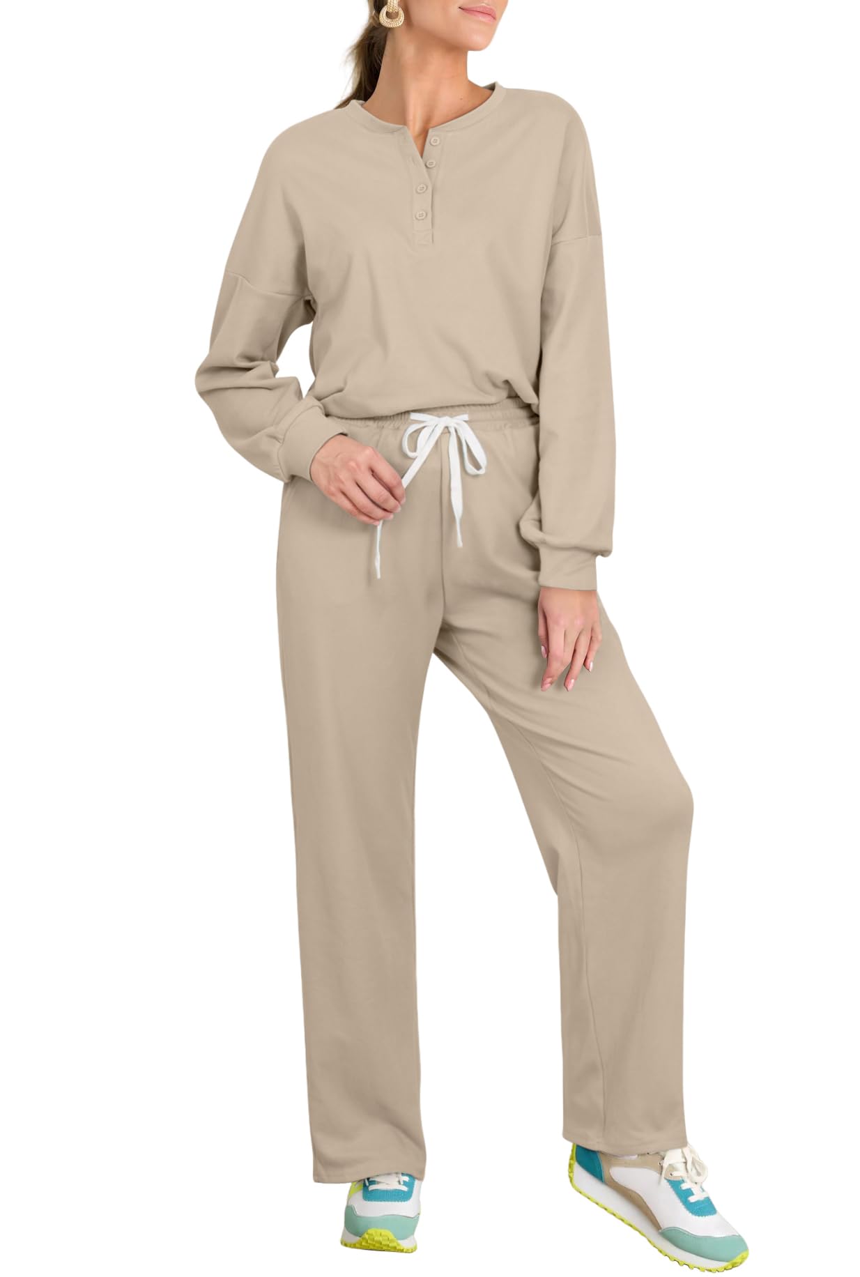 AGSEEM Women's 2-Piece Lounge Set - Quarter Button Long Sleeve Crewneck Outfit with Pockets | Cozy Winter Pajama Set for Home, Sleep & Relaxation