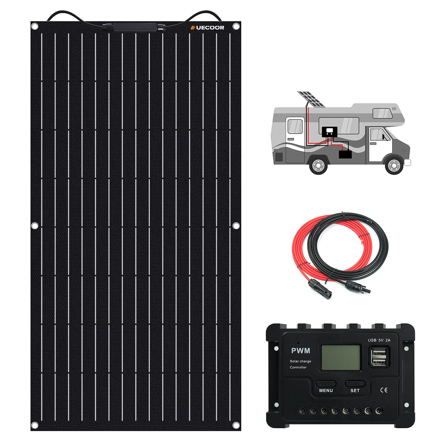 100W ETFE Flexible Monocrystalline Solar Panel Kit with 20A PWM LCD Charge Controller - Off-Grid Power for RV, Boat, Cabin, Van & Car - Perfect for Uneven Surfaces & Mobile Applications