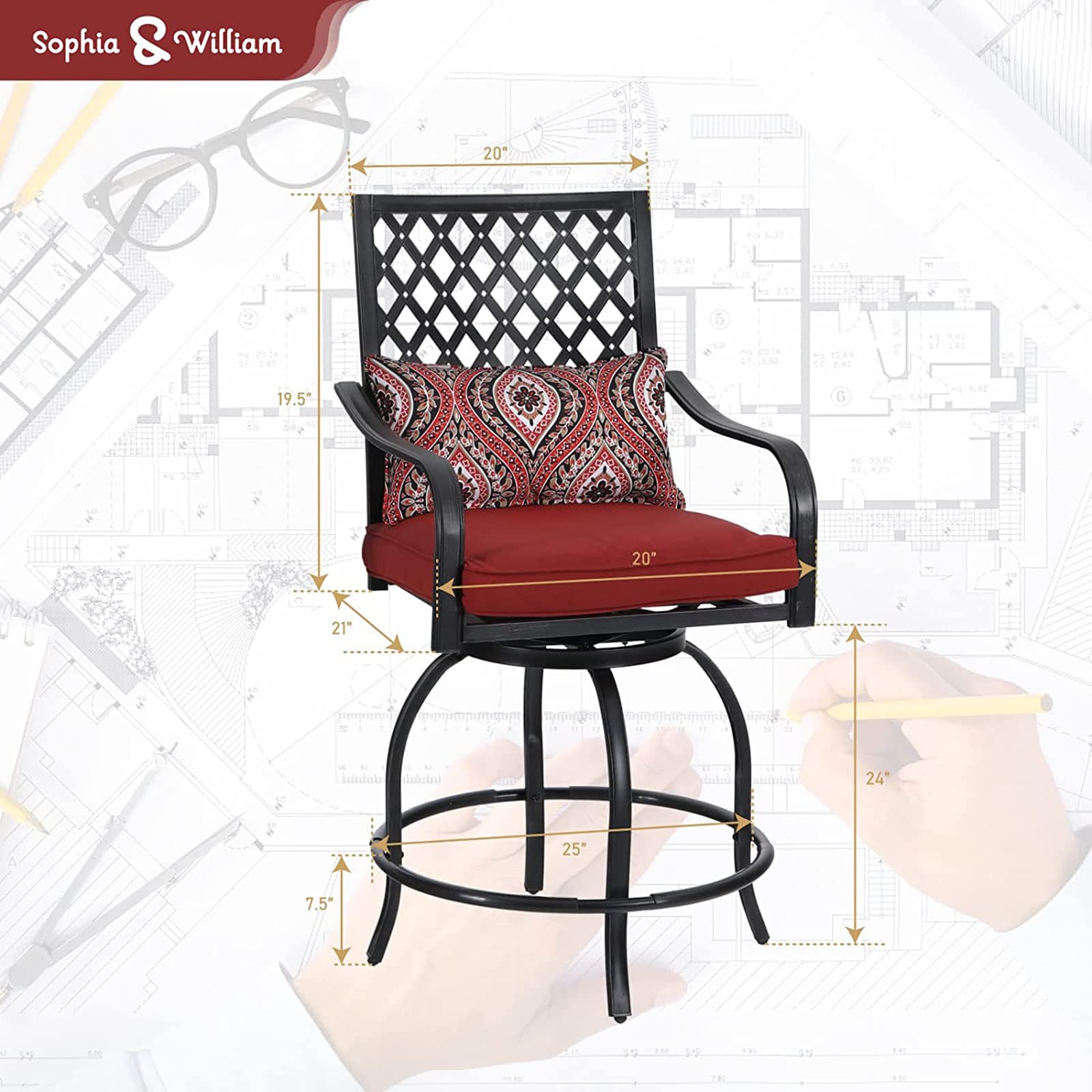 Sophia & William 4-Piece Outdoor Swivel Bar Stool Set - All-Weather Metal Patio Bar Height Chairs with Armrests & Red Cushions - Perfect for Garden, Lawn, Backyard, Poolside & Outdoor Dining Areas