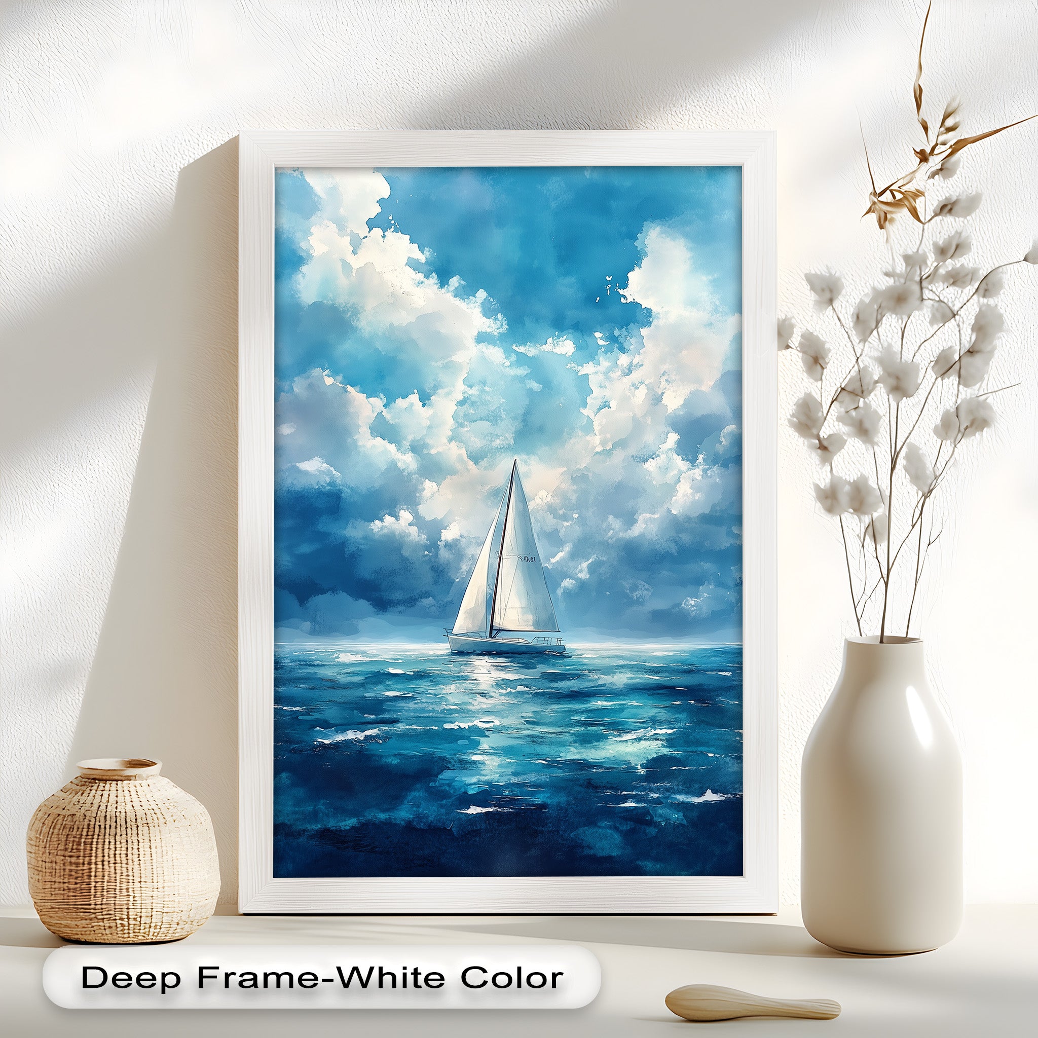 Blue Sky White Sailboat Oil Painting - Handmade Nautical Wall Art for Living Room, Bedroom & Office Decor
