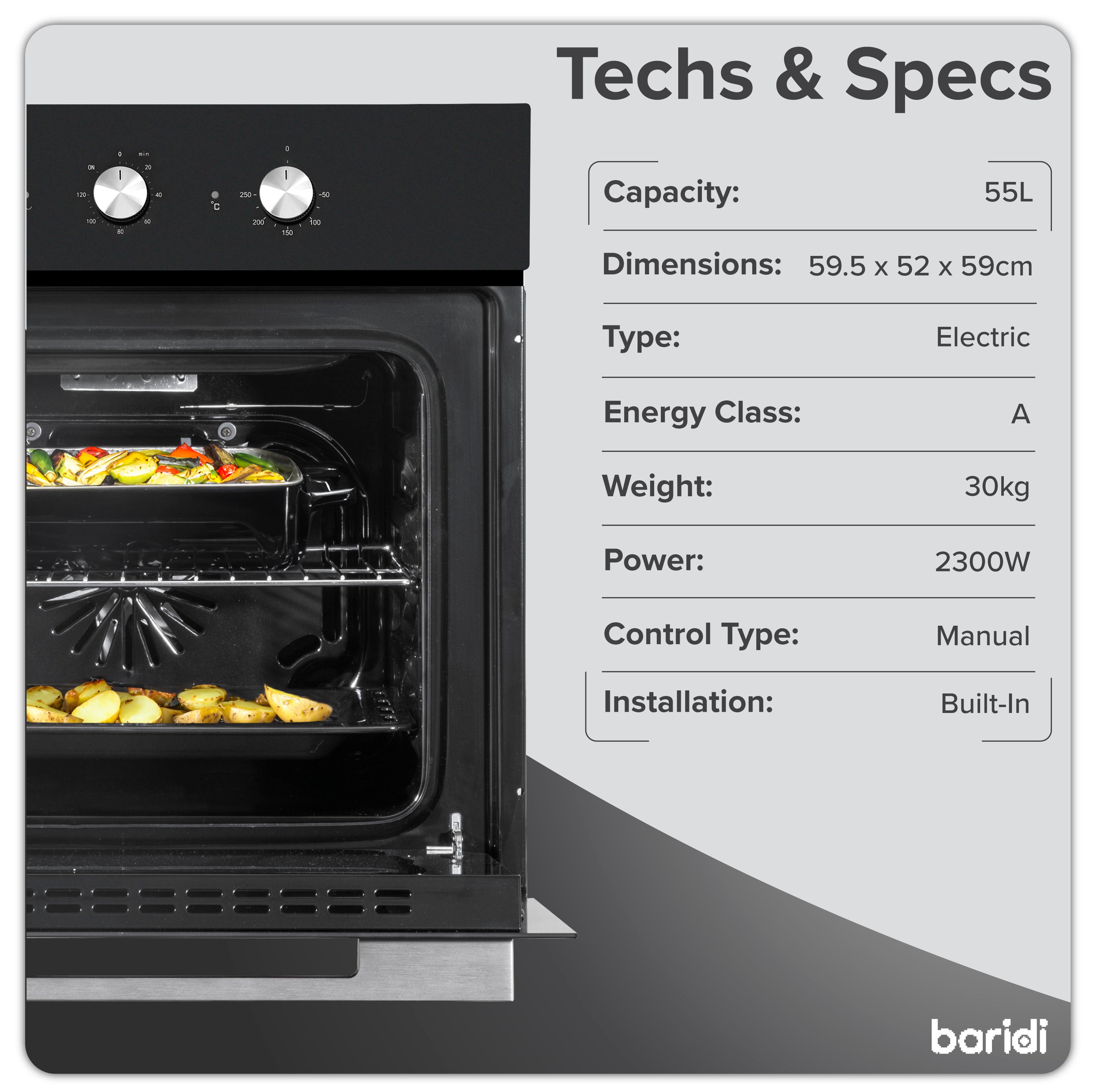 Baridi 60cm Built-In 5 Function Fan Assisted Electric Oven with Timer - 55L Capacity, Black (DH110) - Perfect for Baking, Roasting & Grilling in Modern Kitchens