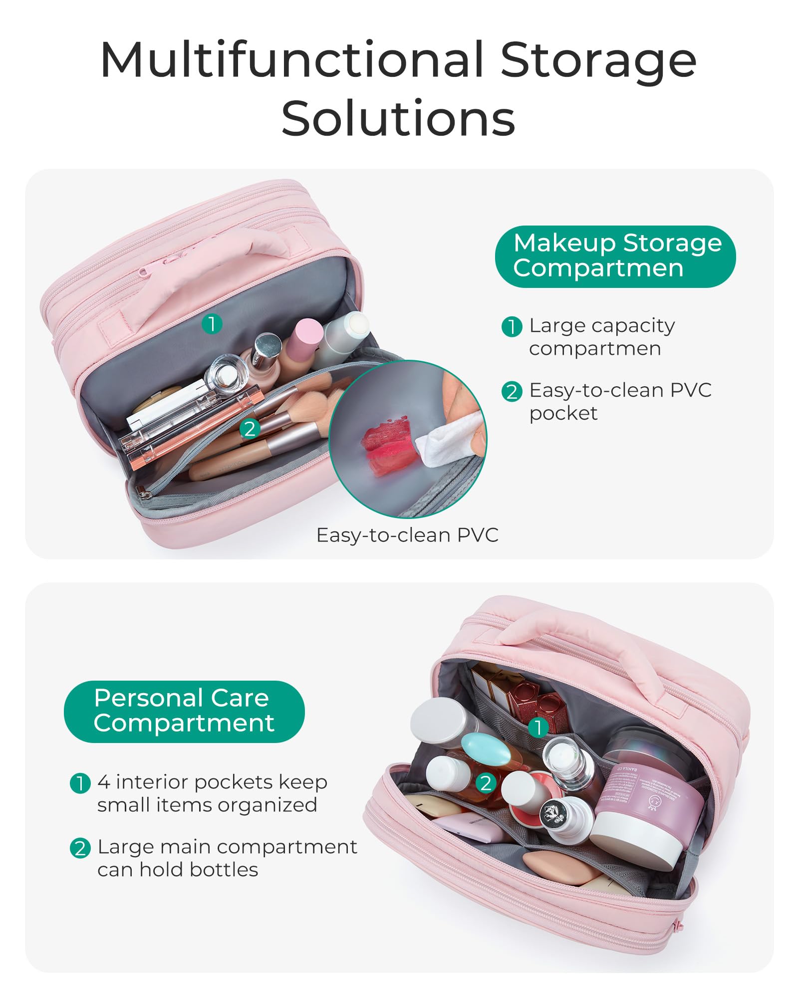 BAGSMART Women's Travel Toiletry Bag - Large Open Makeup Organizer for Cosmetics, Brushes & Bottles - Portable Khaki Toiletry Case for Women - Perfect for Air Travel, Gym & Weekend Getaways
