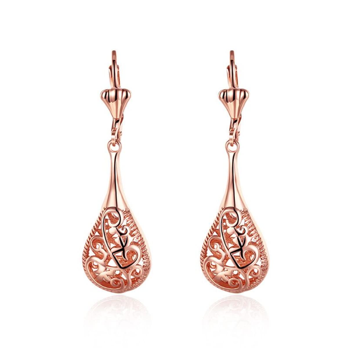 18K Rose Gold Plated Filigree Teardrop Leverback Earrings for Women - Elegant Dangle Earrings for Parties, Weddings & Special Occasions