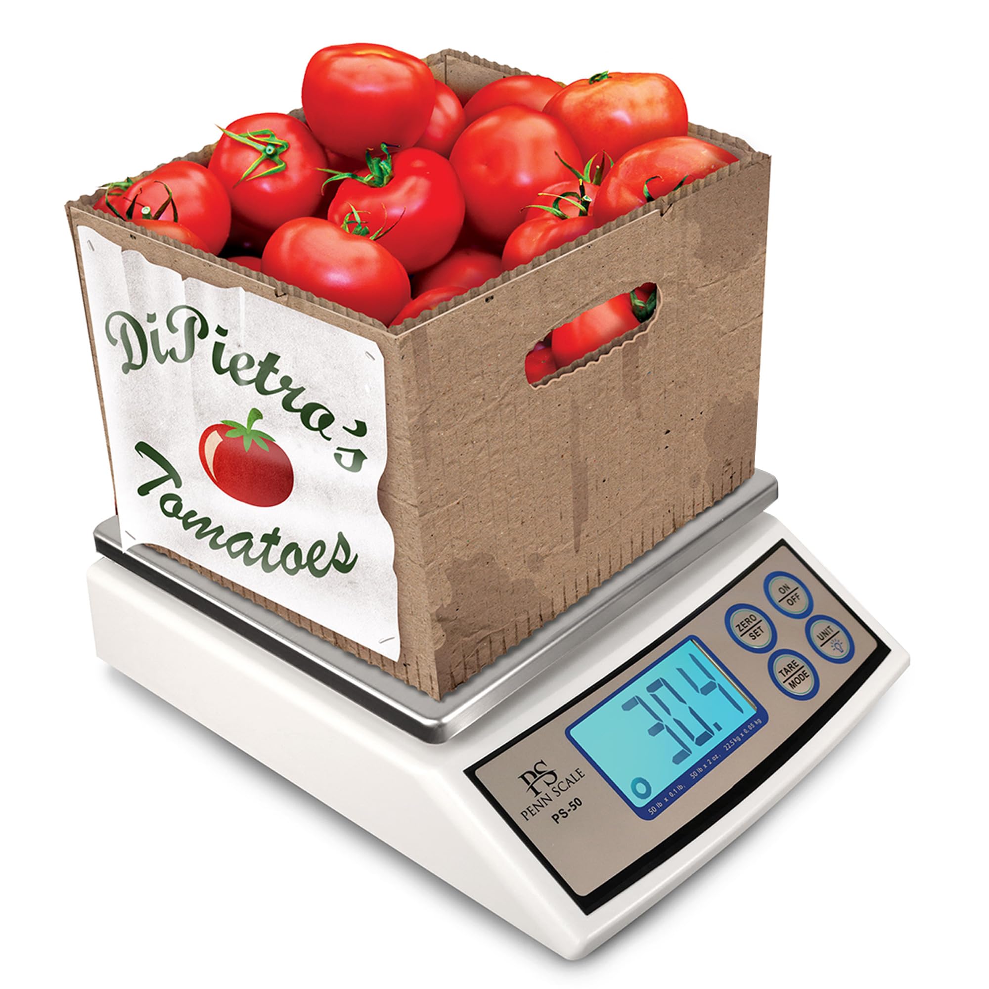 Penn PS-50 Digital Kitchen Scale 50lb Capacity with 0.1lb Precision - Removable Stainless Steel Platter, LCD Display & Unit Conversion (lb/oz/kg) - Perfect for Baking, Meal Prep & Portion Control (AC/Battery Powered)