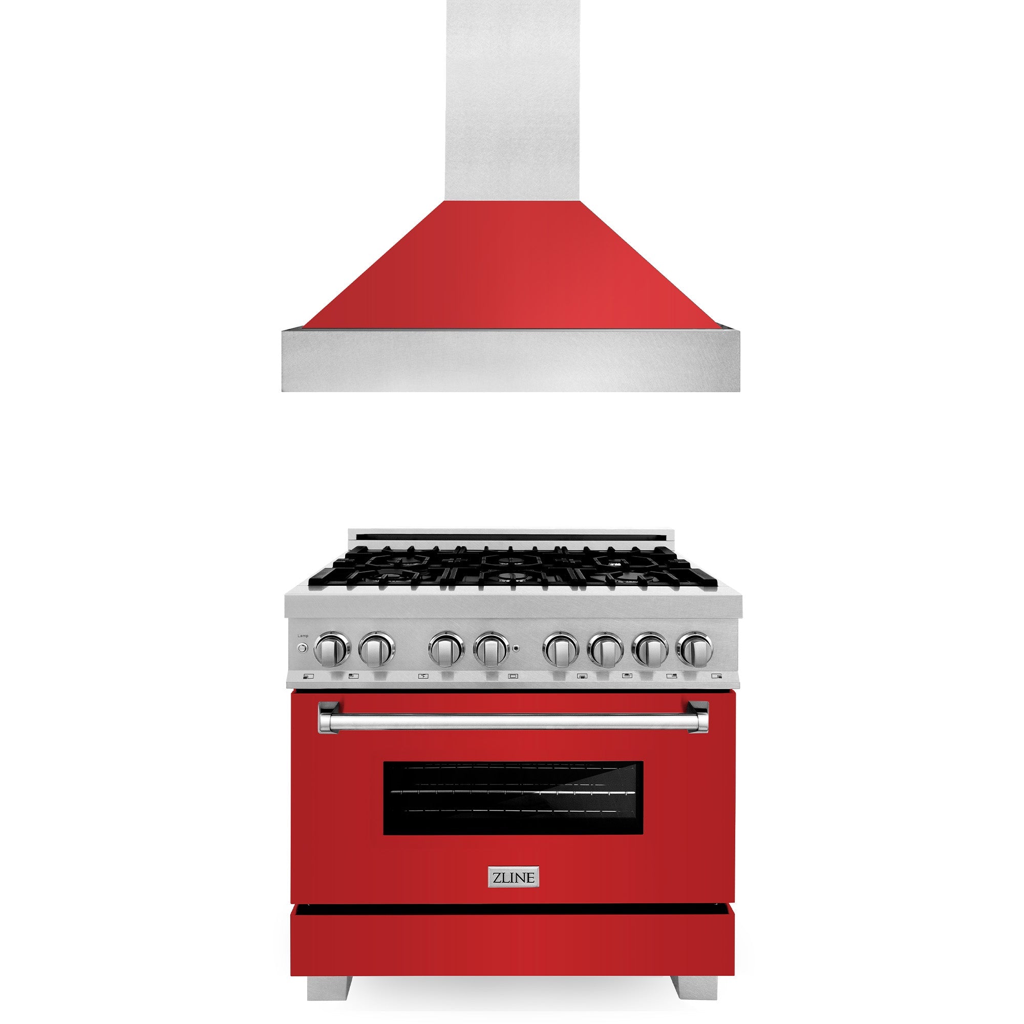 ZLINE 36-inch Professional Dual Fuel Range with Red Matte Door & Convertible Vent Hood - Stainless Steel Kitchen Package for Modern Homes | Perfect for Chefs & Open-Concept Kitchens
