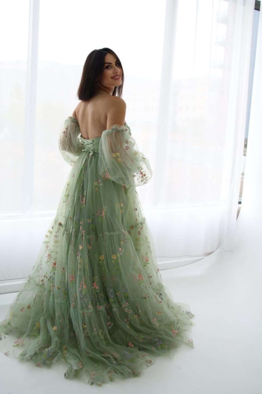 Elegant Flower Embroidery Tulle Maternity Robe - Puffy Sleeve Bridal Lingerie Dress for Baby Shower, Photoshoot & Pregnancy Photos - Soft Long Dress for Special Occasions
