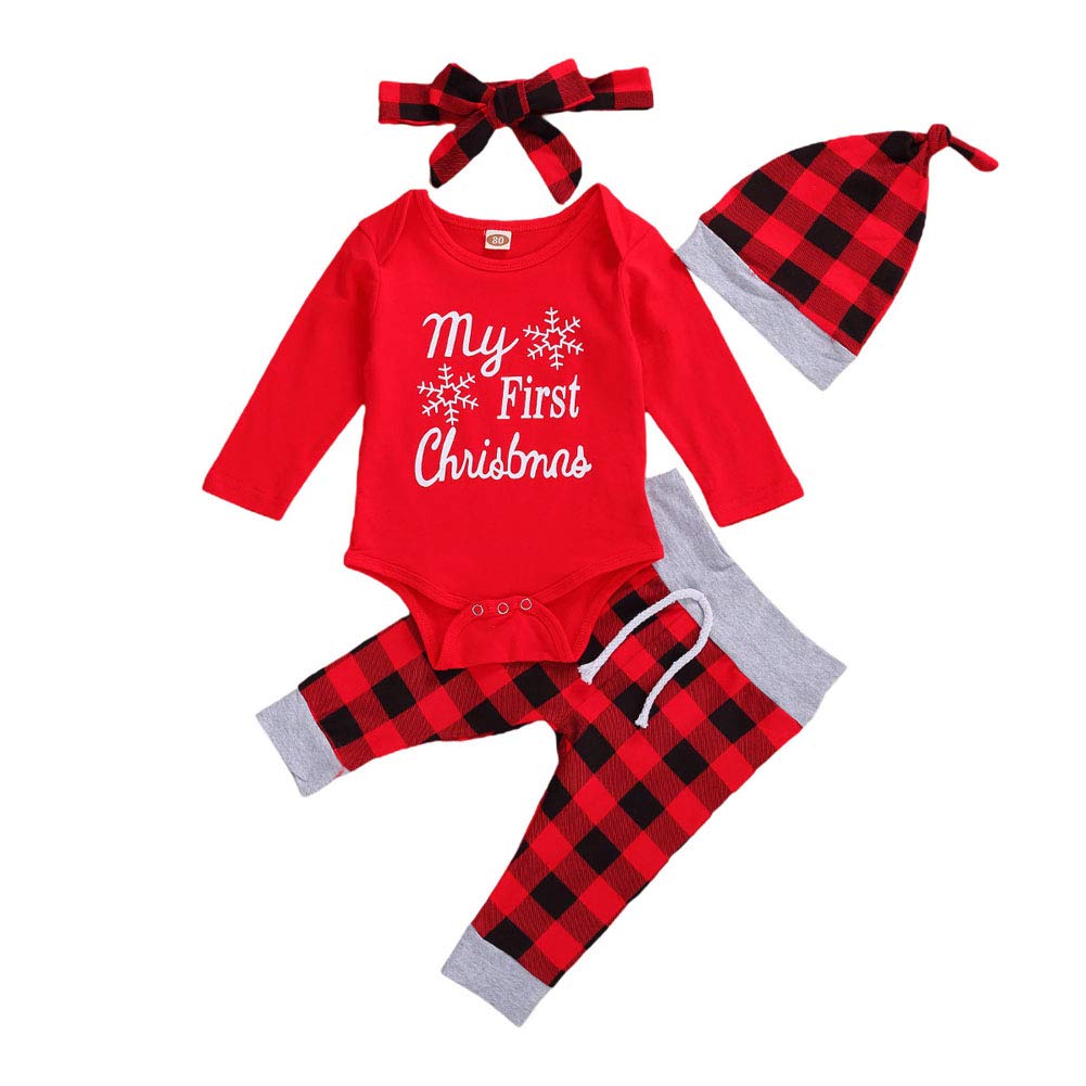 My 1st Christmas Outfit Set for Newborn Baby Boys & Girls - 4Pcs Long Sleeve Romper, Plaid Pants, Headband & Hat (Red, 6-12 Months) - Perfect for Holiday Photos, Family Gatherings & Christmas Celebrations